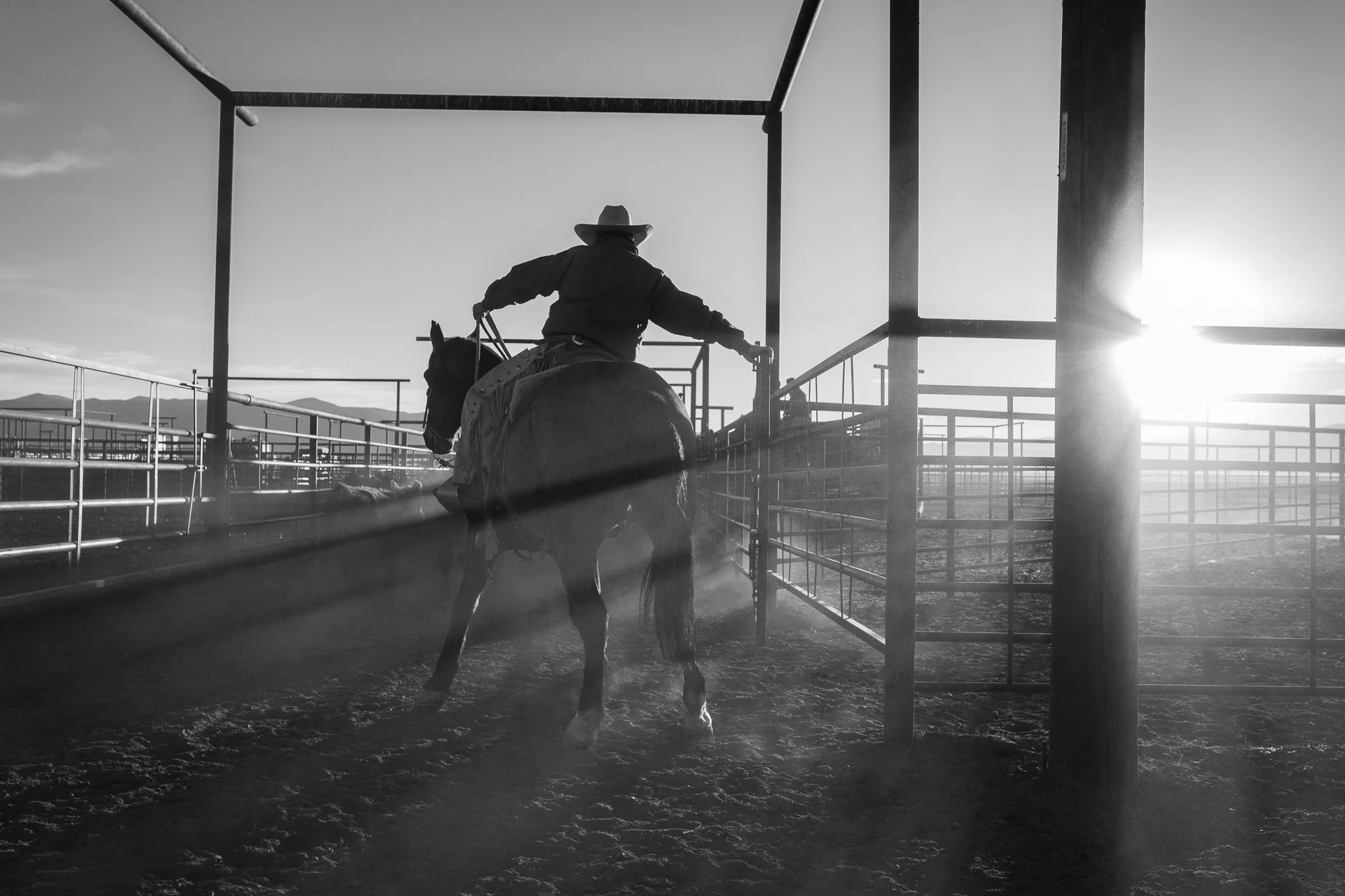 Buckaroo riding through dusty cattle pens at sunrise at TS Ranch