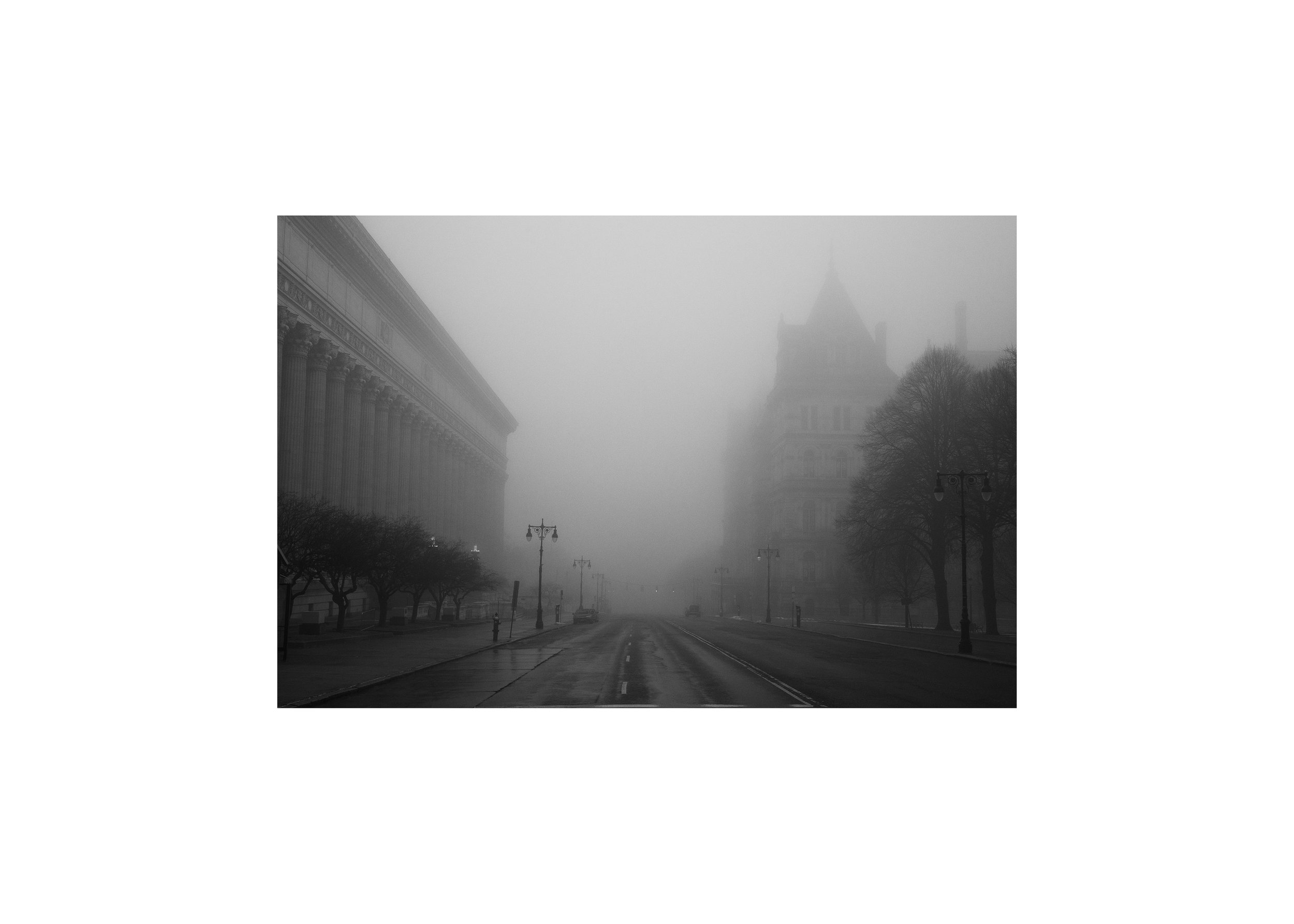 Black and white photograph of Washington Avenue in Albany, NY
