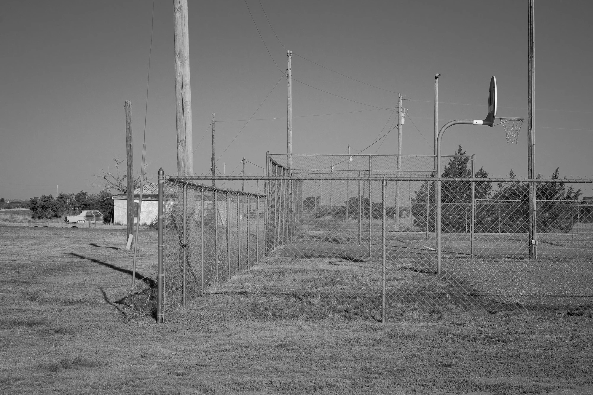 An outdoor basketball hoop in a small town on the Llano Estacado in Texas