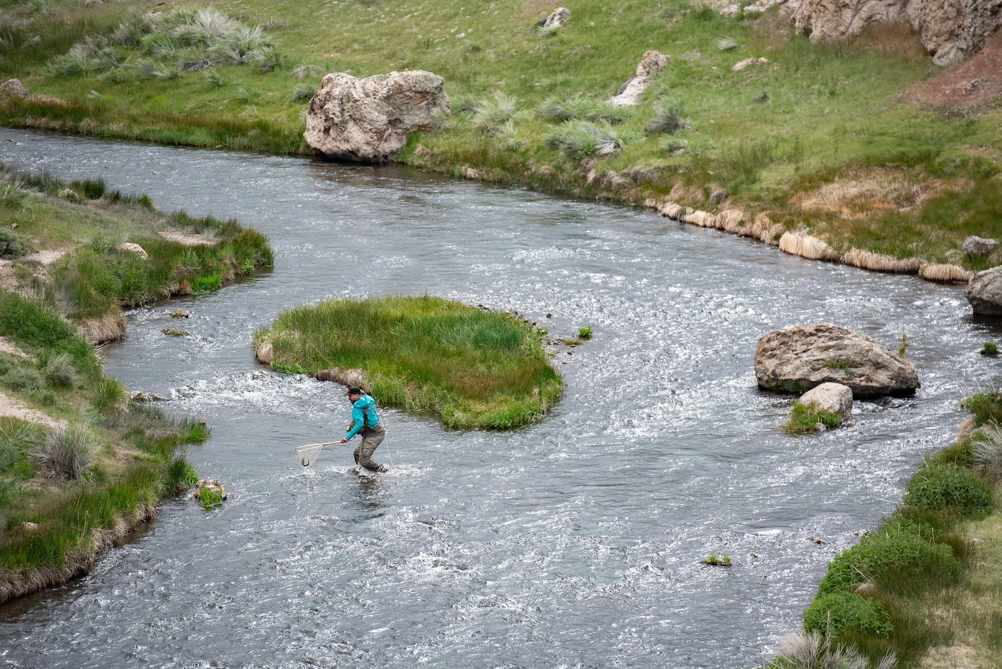 Overhead view of a fly fisherman netting a trout on Hot Creek near Mammoth,CA