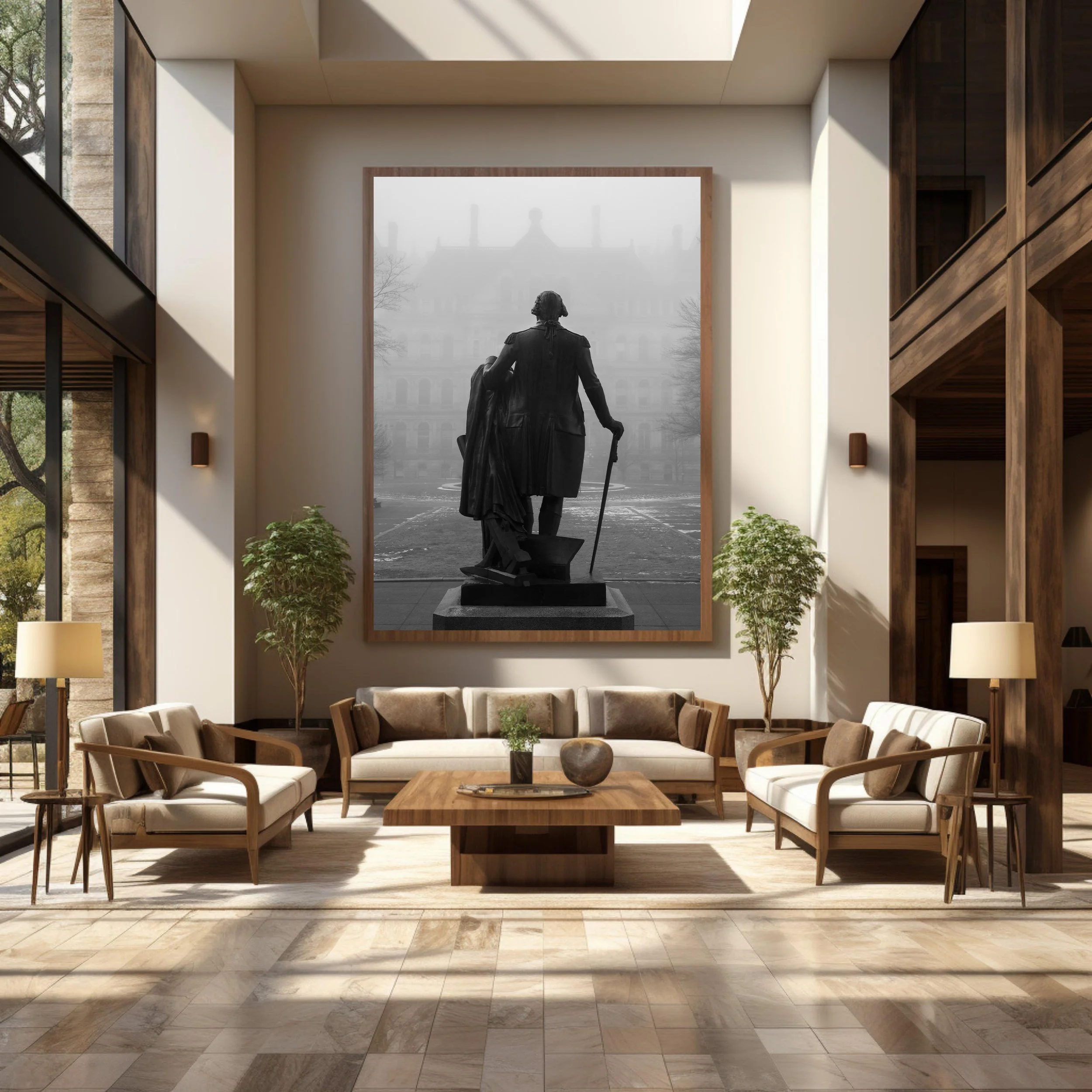 Interior mockup showing a framed black and white photograph of the George Washington statue in Albany displayed in a modern commercial space