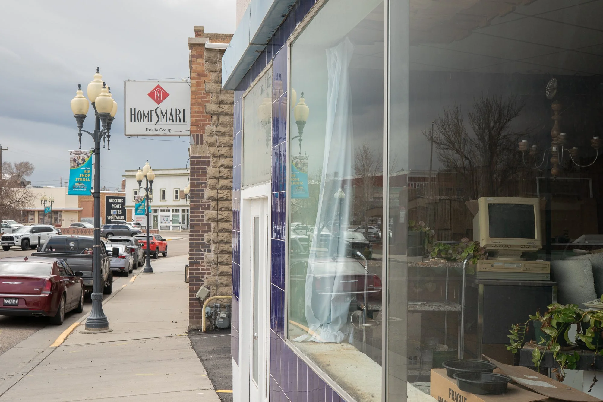 Old computer monitor displayed inside a storefront window in Rock Springs Wyoming  On-Page Caption