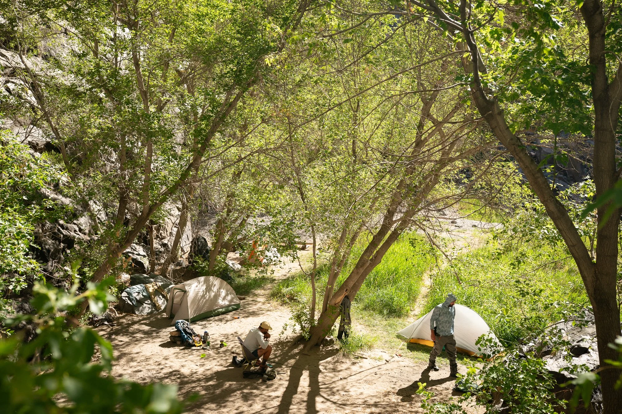 Two tents sit beneath trees at a riverside campsite in Black Canyon