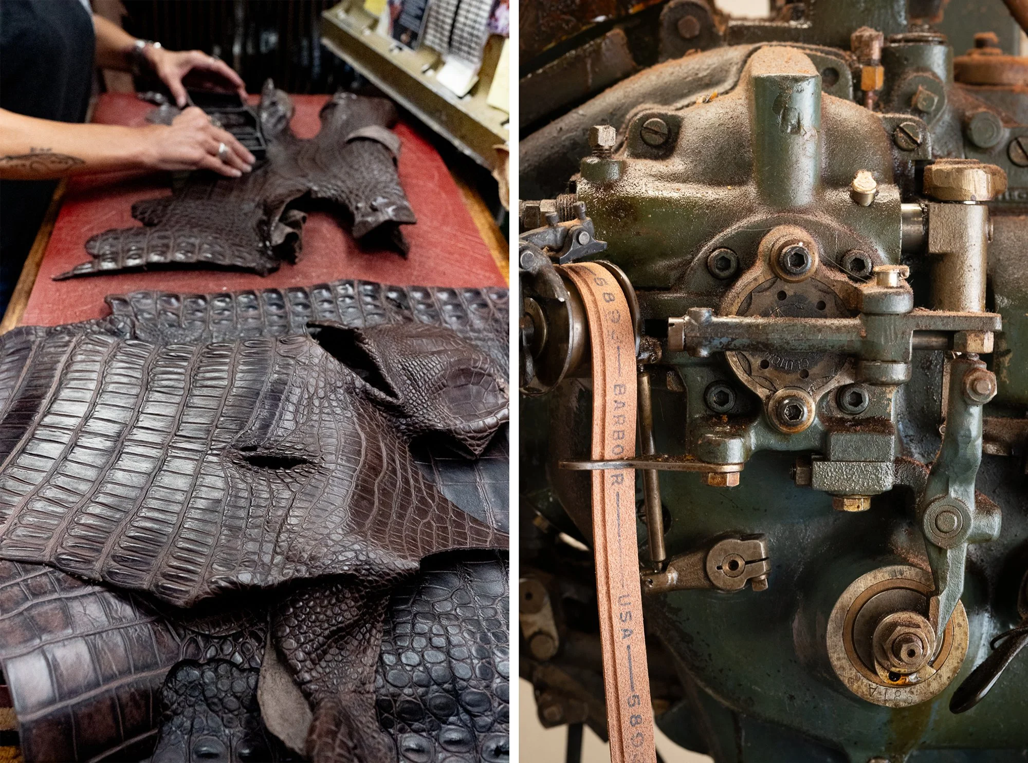 Exotic leather hides prepared for handmade cowboy boots at ML Leddy’s