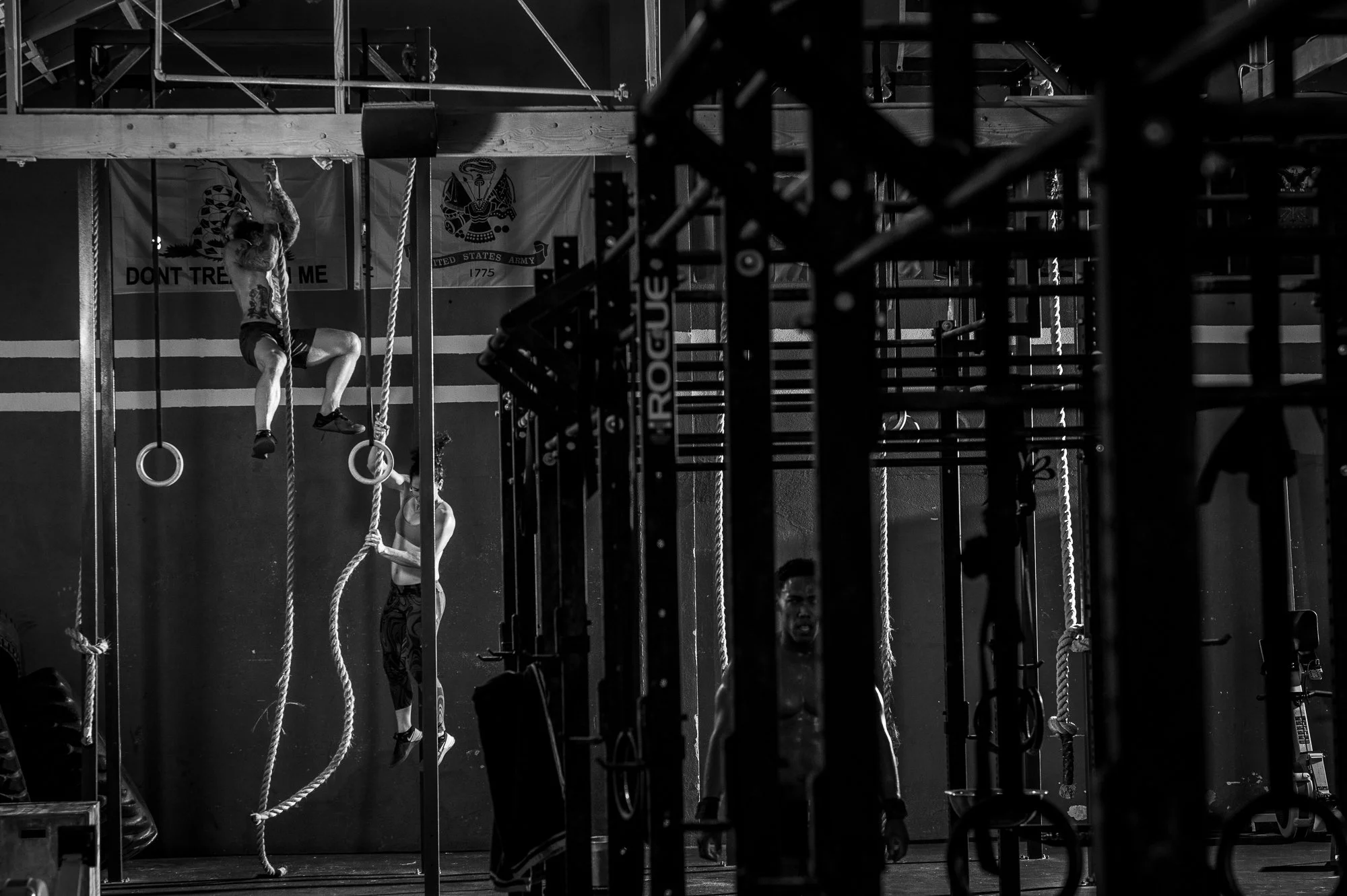 CrossFit athletes climbing ropes and using gymnastic rings inside a gym with a Rogue rig.