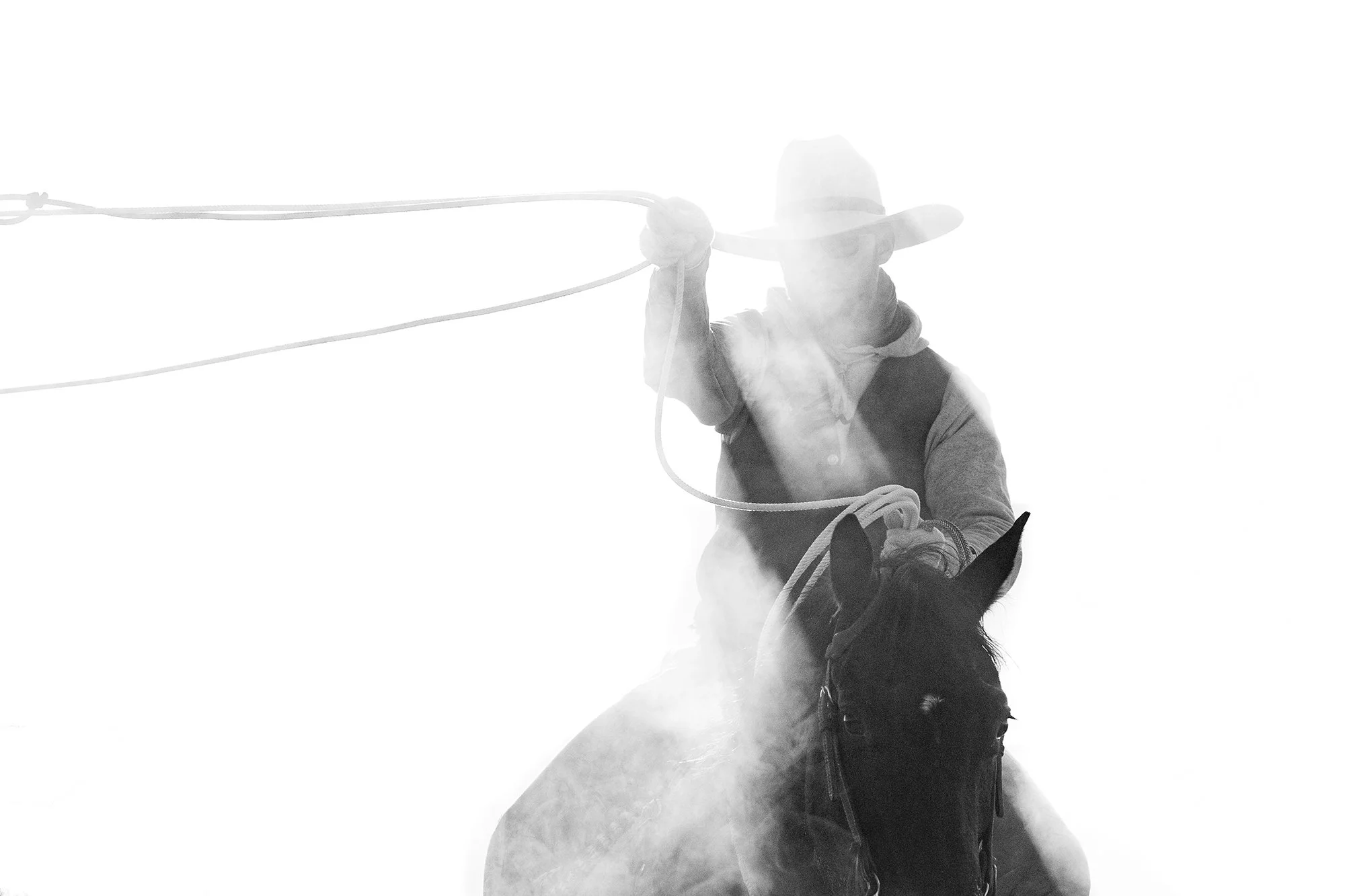 A cowboy on horseback swings a rope through bright dust and backlight during ranch work at the ZX Ranch
