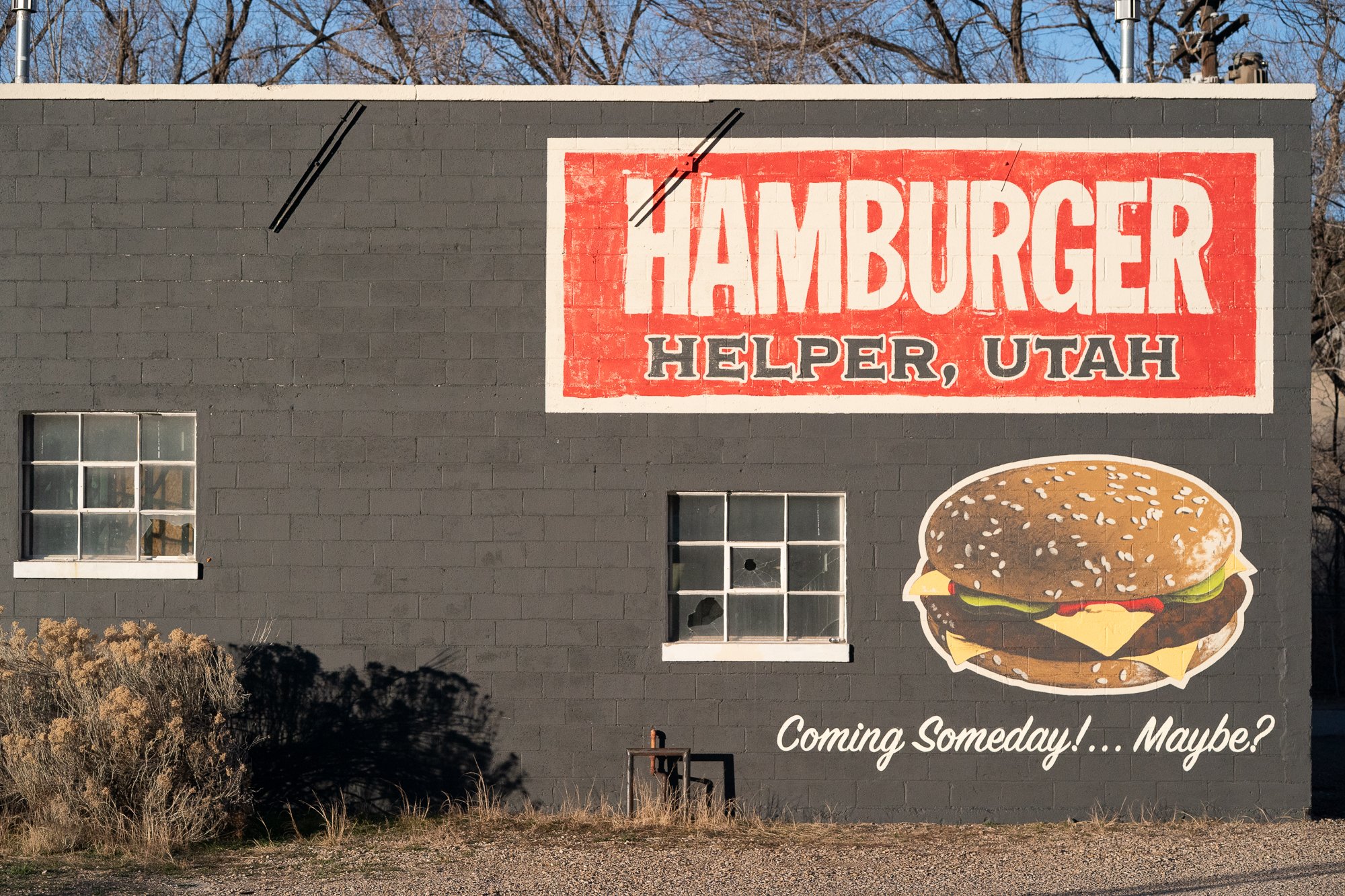 Hamburger Helper Utah mural with painted burger and vintage lettering