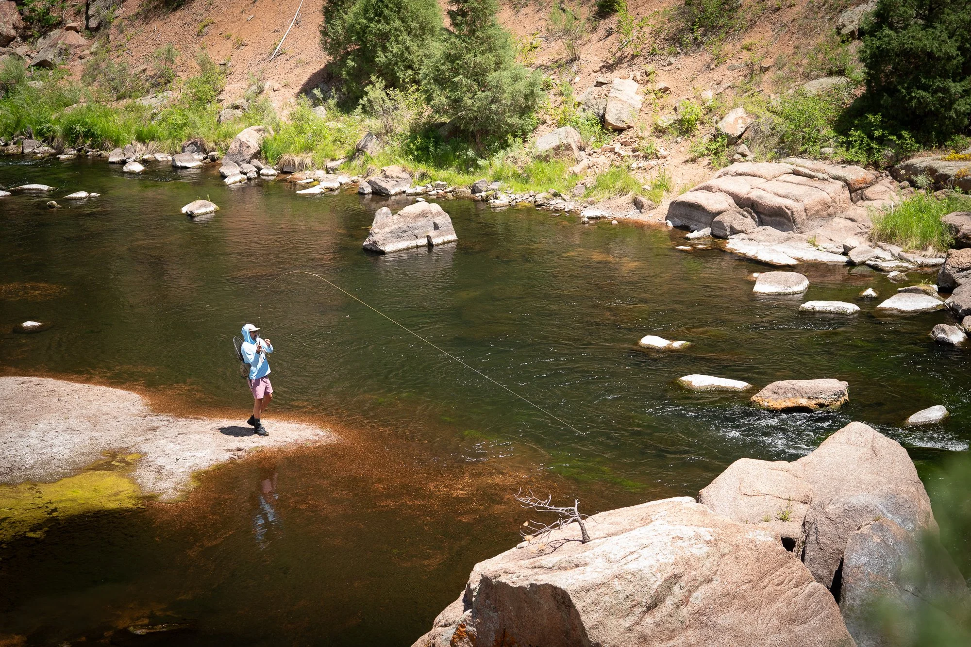 Photograph of a fly fisherman with a bent rod while connected to a trout in Cheesman Canyon, Colorado