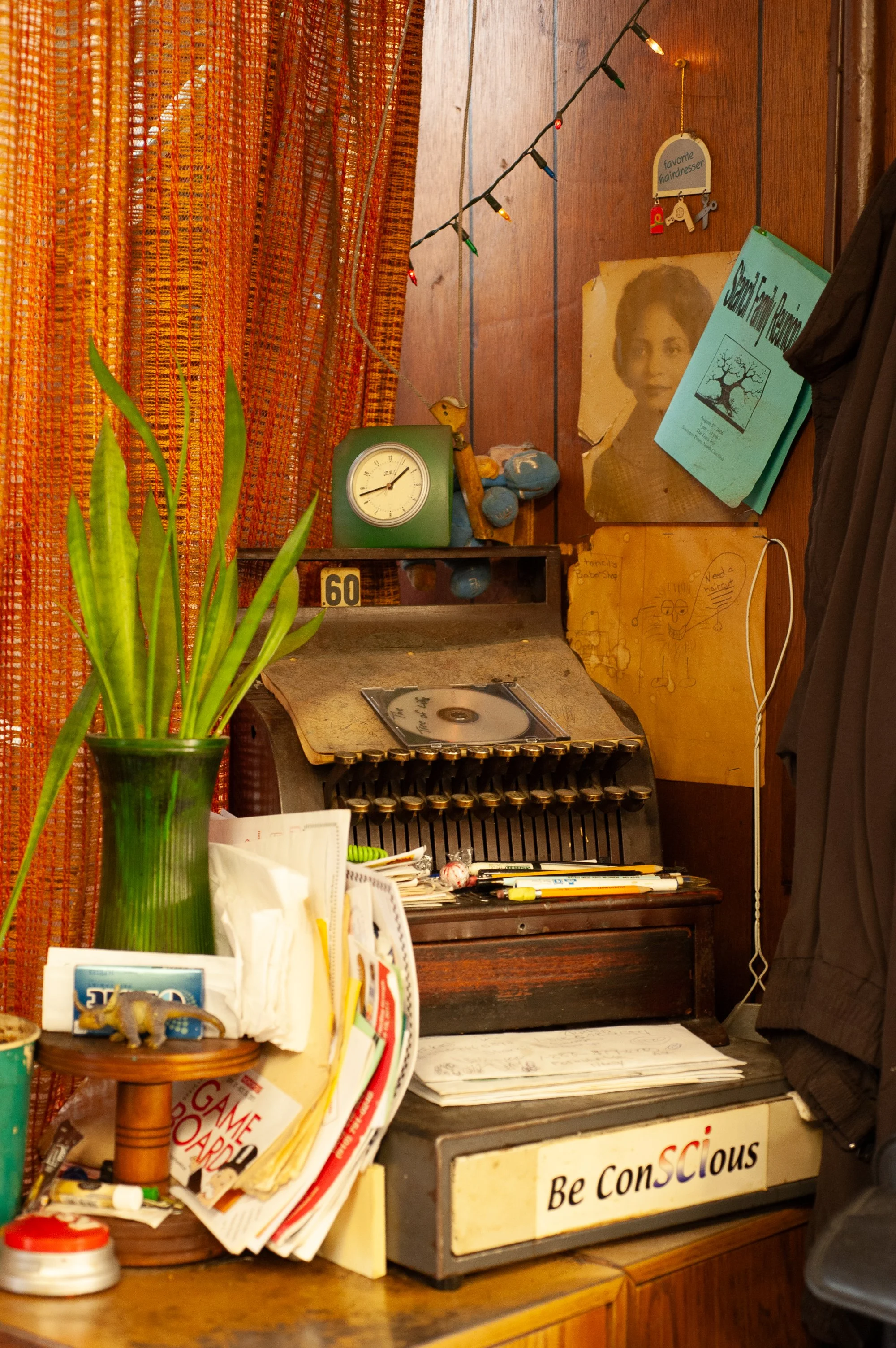 Cash register and counter inside Stancil’s Barbershop Albany NY small business interior photographed in 2011