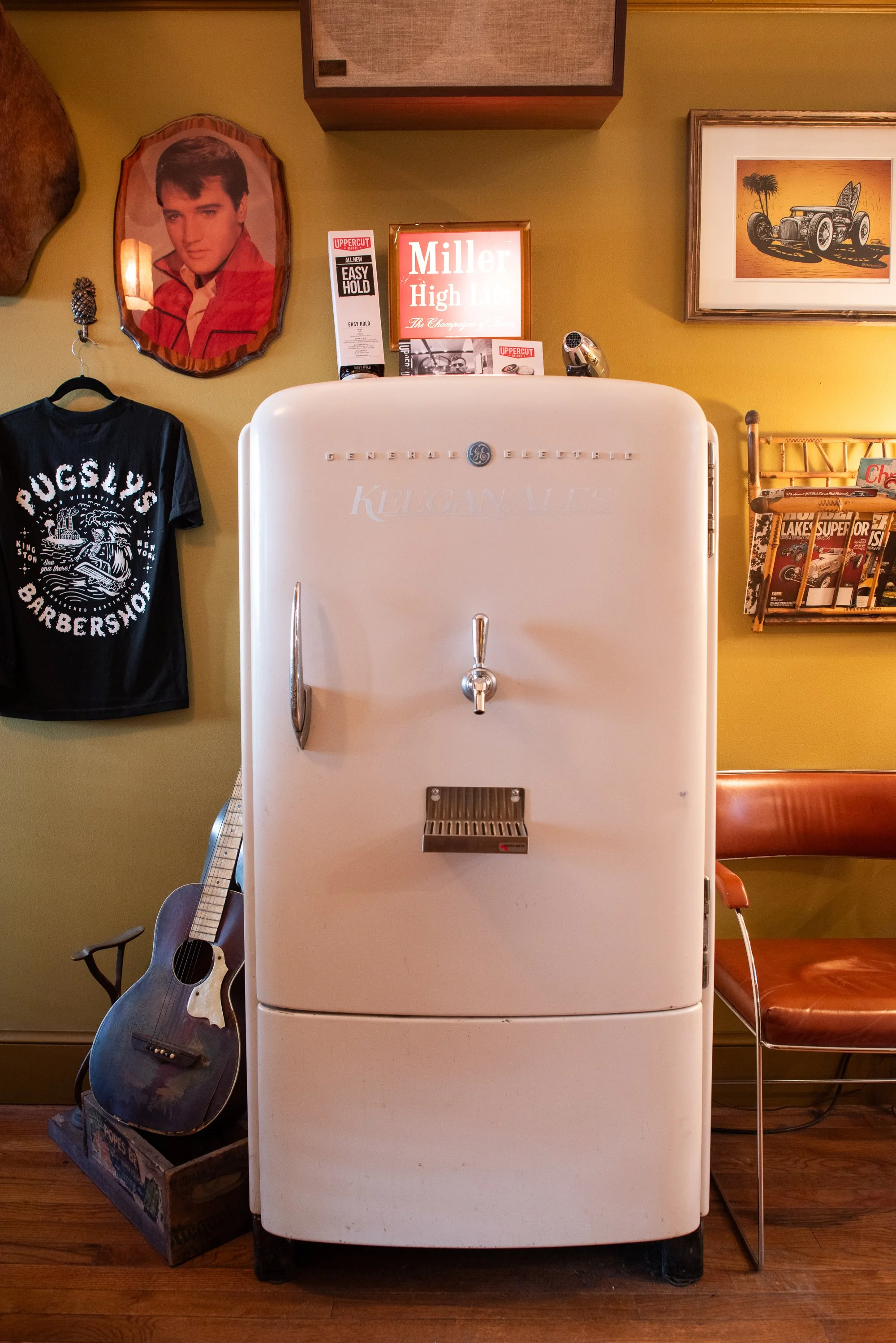 Vintage interior details at Pugsly's SideShow barbershop in Kingston, New York