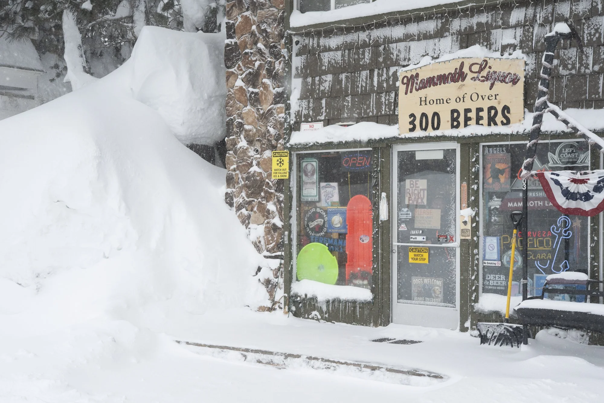 Mammoth Liquor Store covered in snow after a record breaking storm in Mammoth Lakes, California