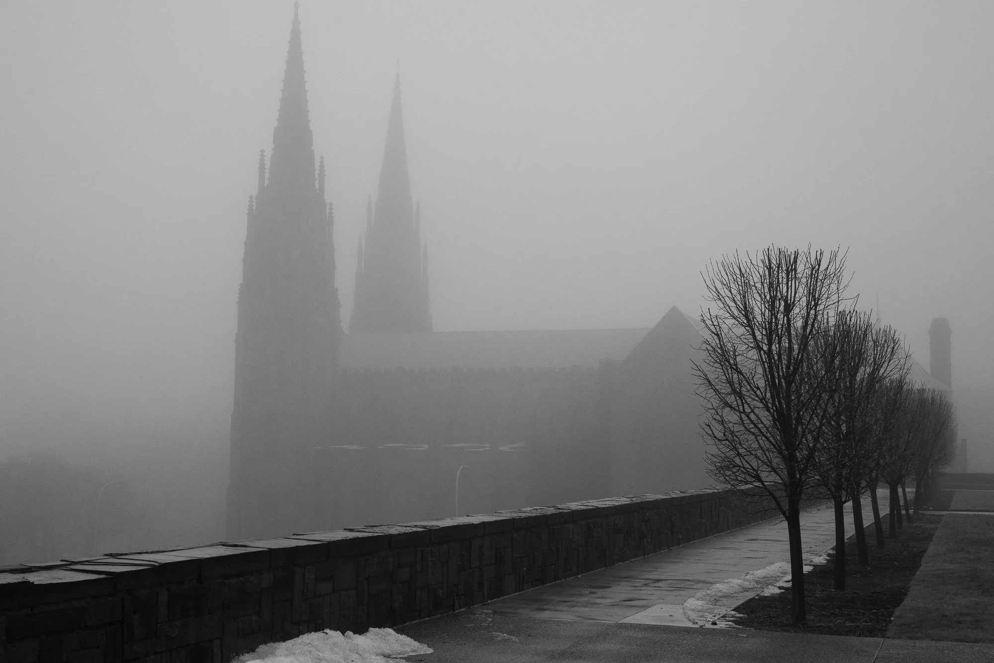 Black and white photograph of cathedral spires emerging through fog in Albany, New York