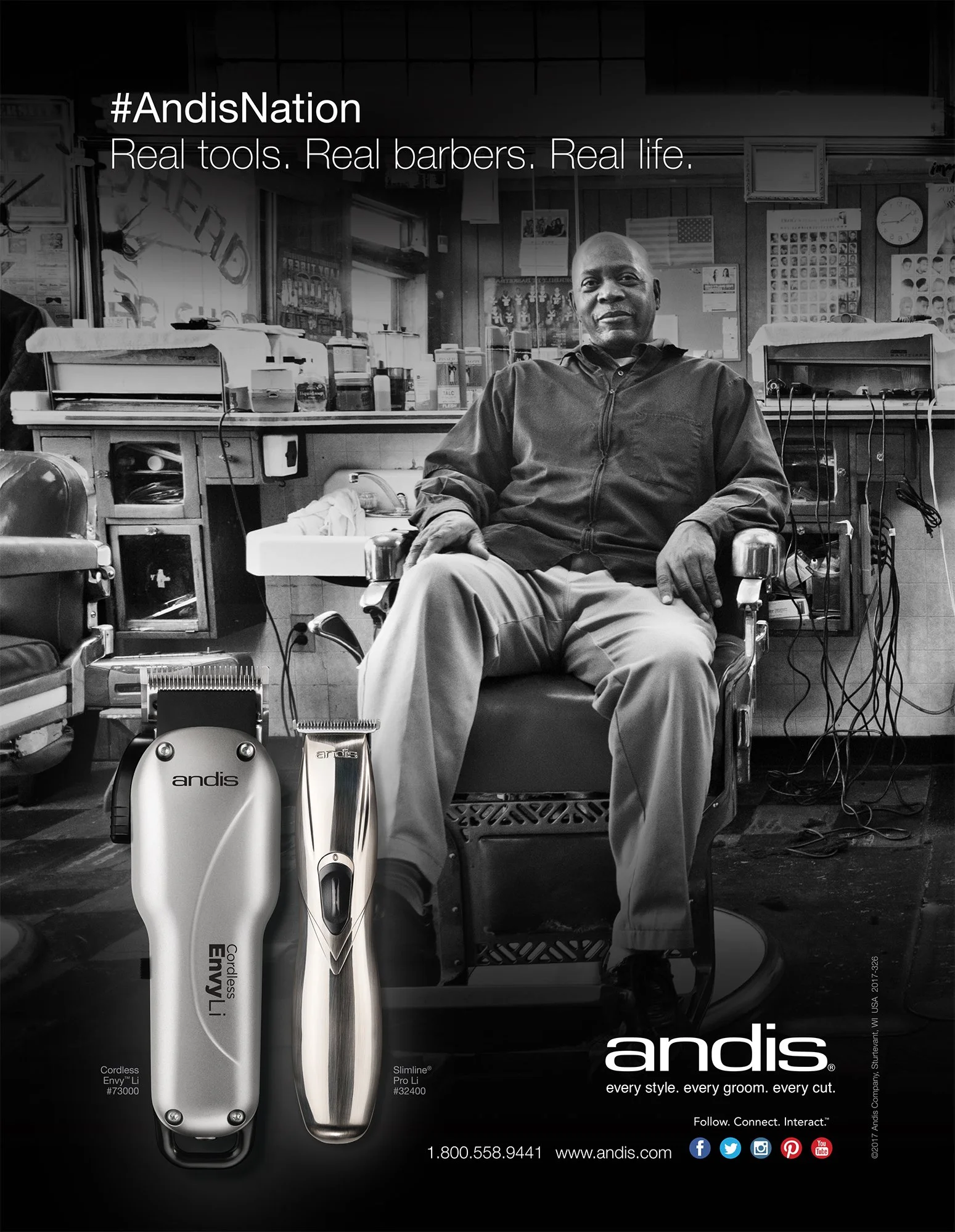 Andis Clippers advertisement showing a man seated in a traditional barber shop from Barbershops of America