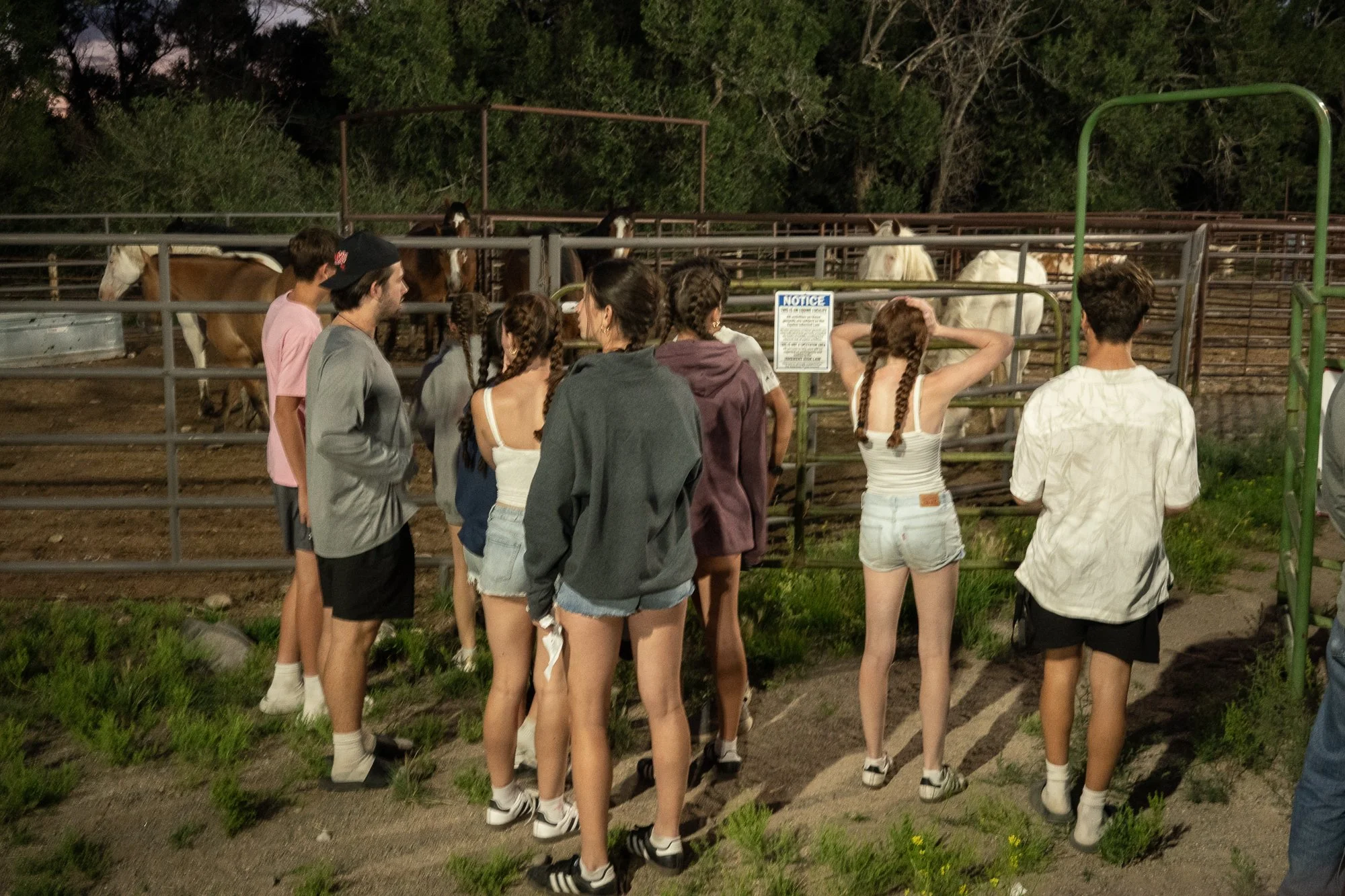 Group of friends and teenagers watch horses in the holding pens behind the rodeo arena in Dubois Wyoming