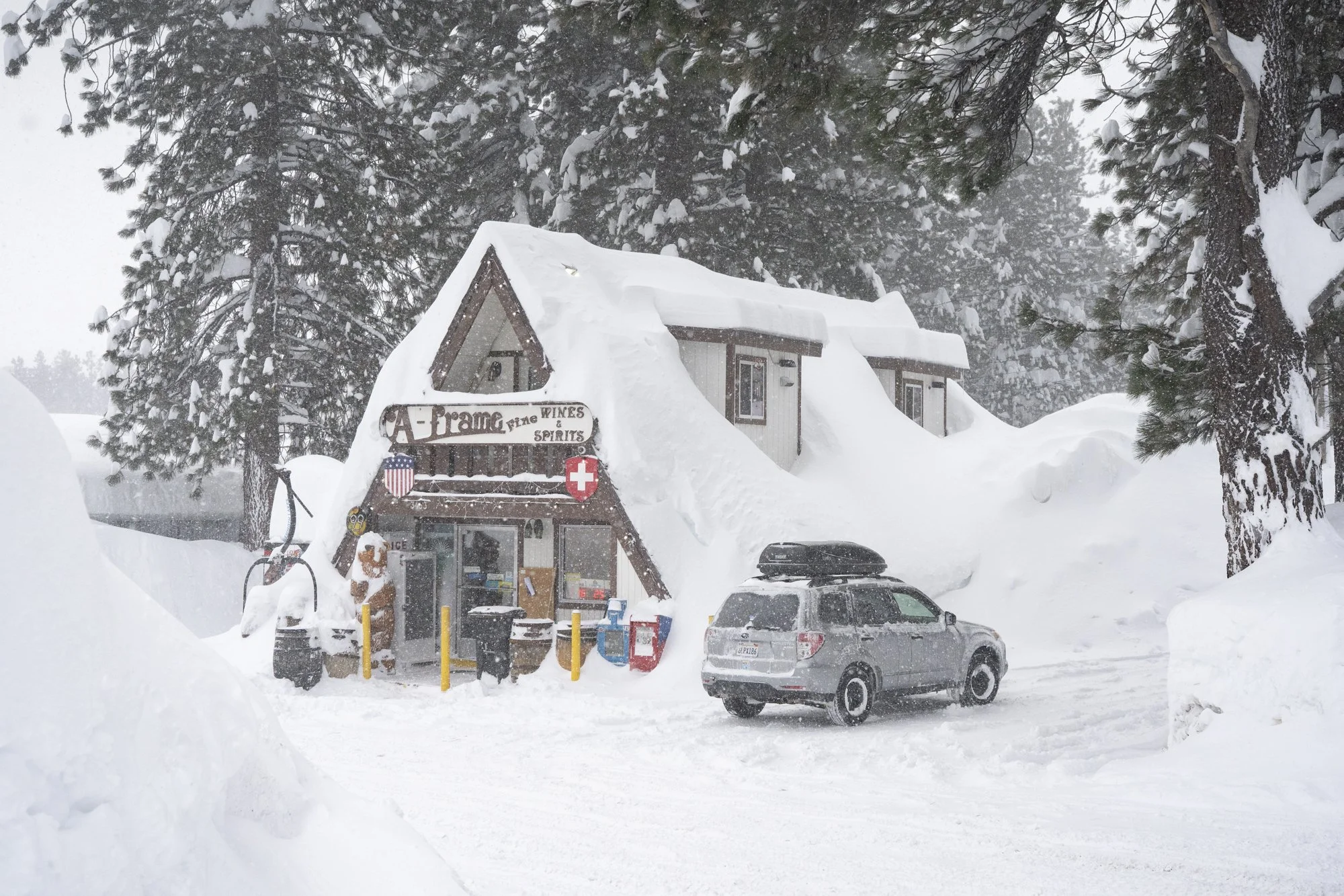 A-Frame Liquor store covered in snow after a record breaking winter storm in Mammoth Lakes, California