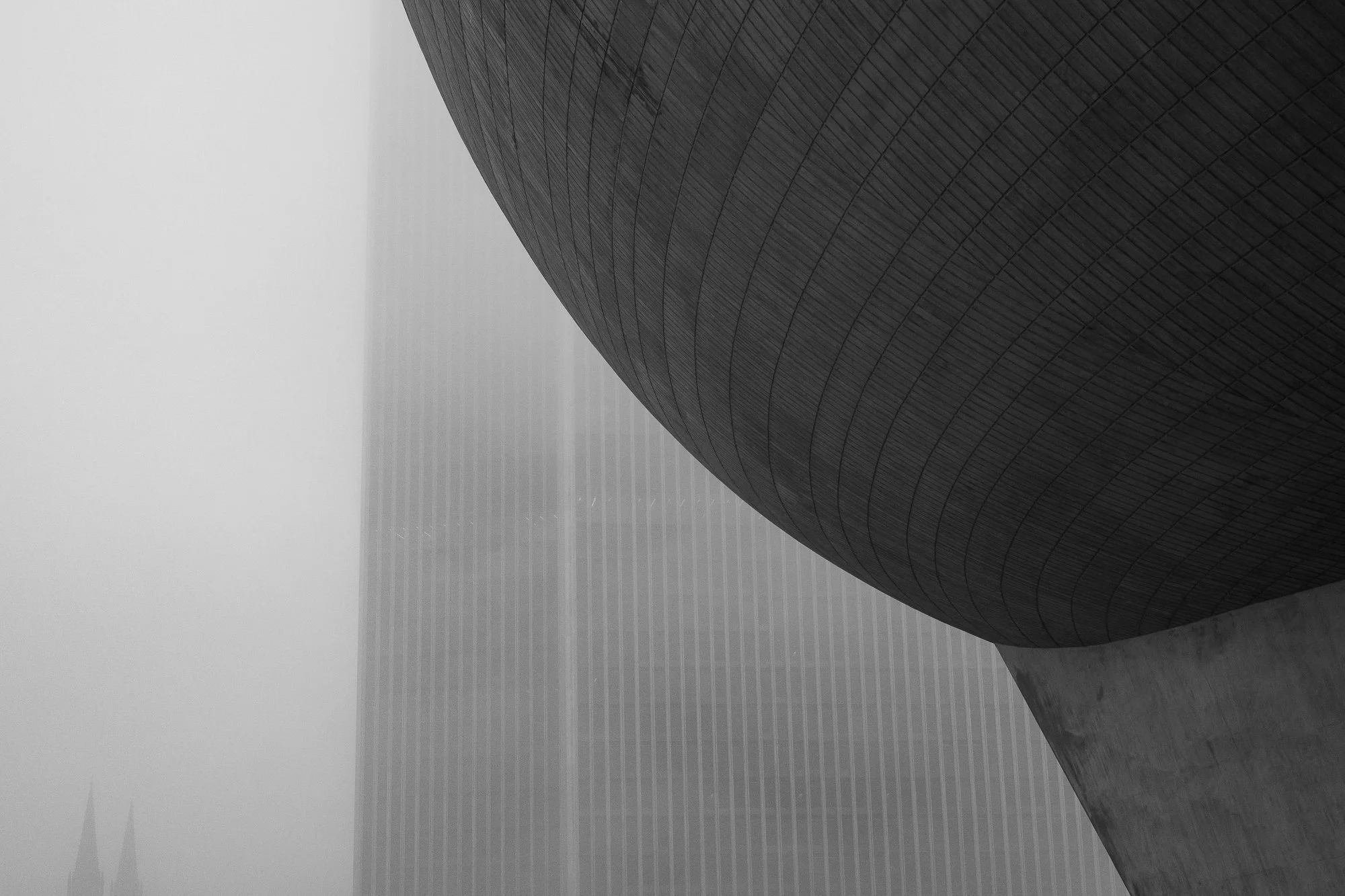 Black and white photograph of The Egg performing arts center in Albany, New York