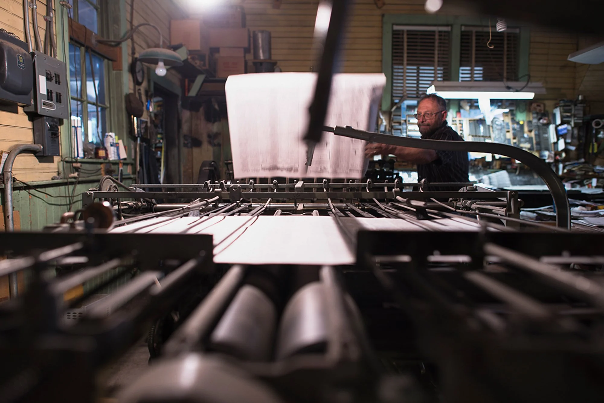 Close view of the printing press inside the Saguache Crescent