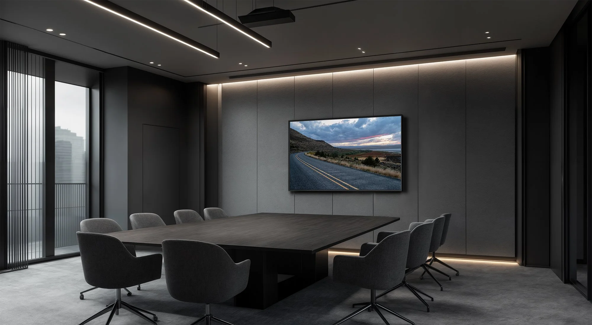 A framed fine art photography print hung in a beautiful commercial office space with natural light.