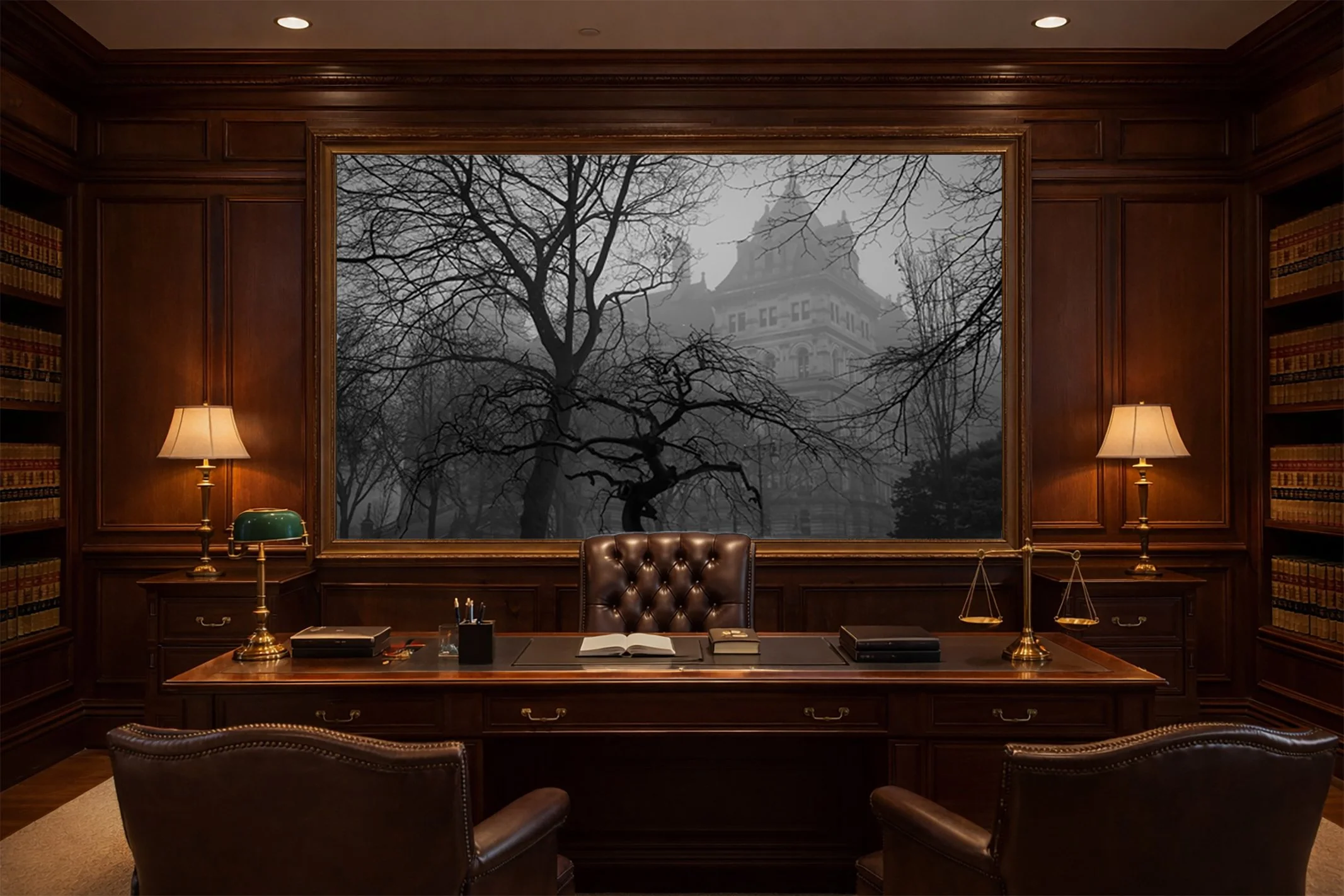Black and white architectural photograph of an Albany, New York landmark displayed in a high-end attorney’s office with dark wood paneling and classic furnishings