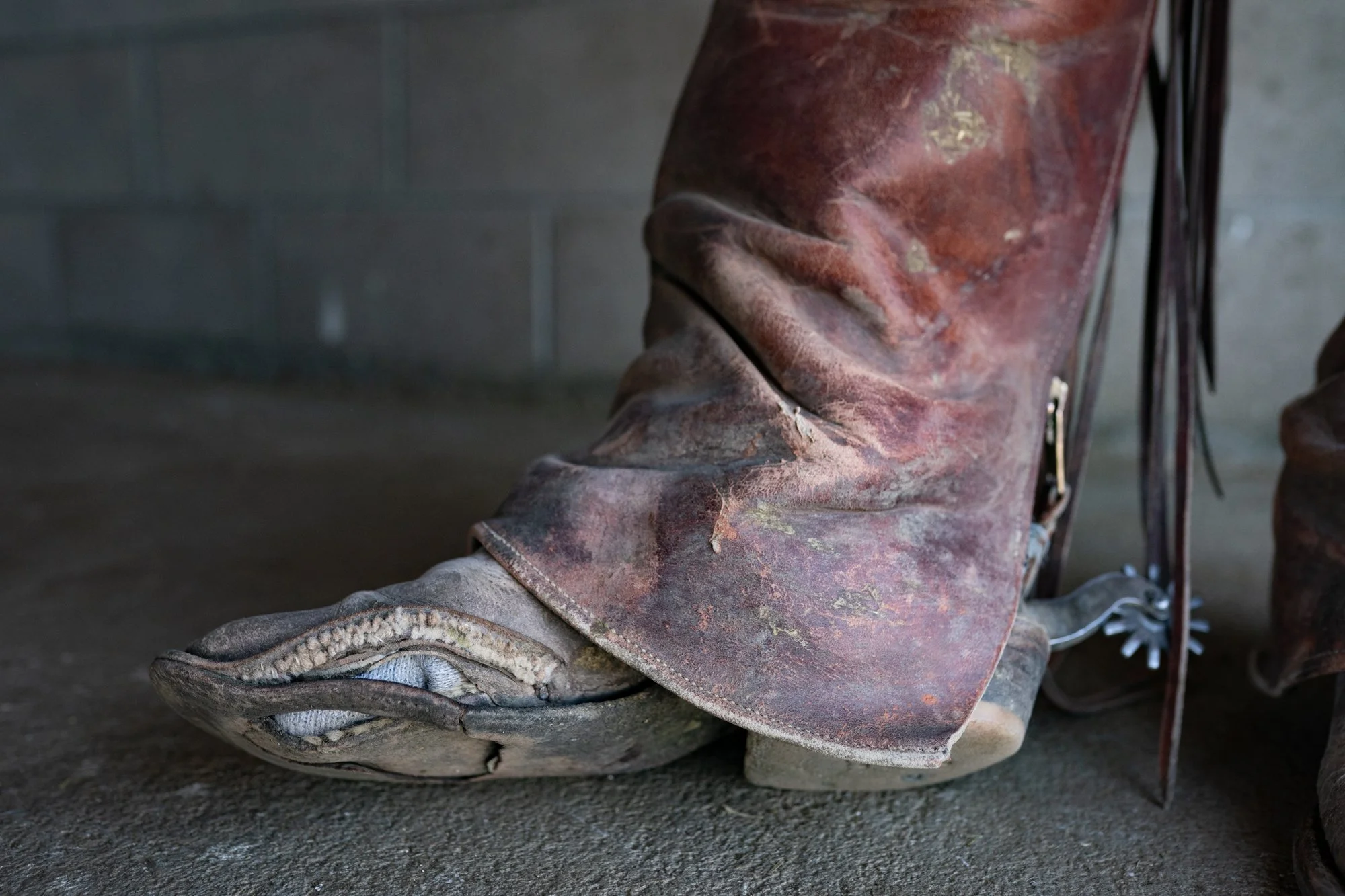 Close-up of a well-worn cowboy boot with a spur at Magnum Feedyard