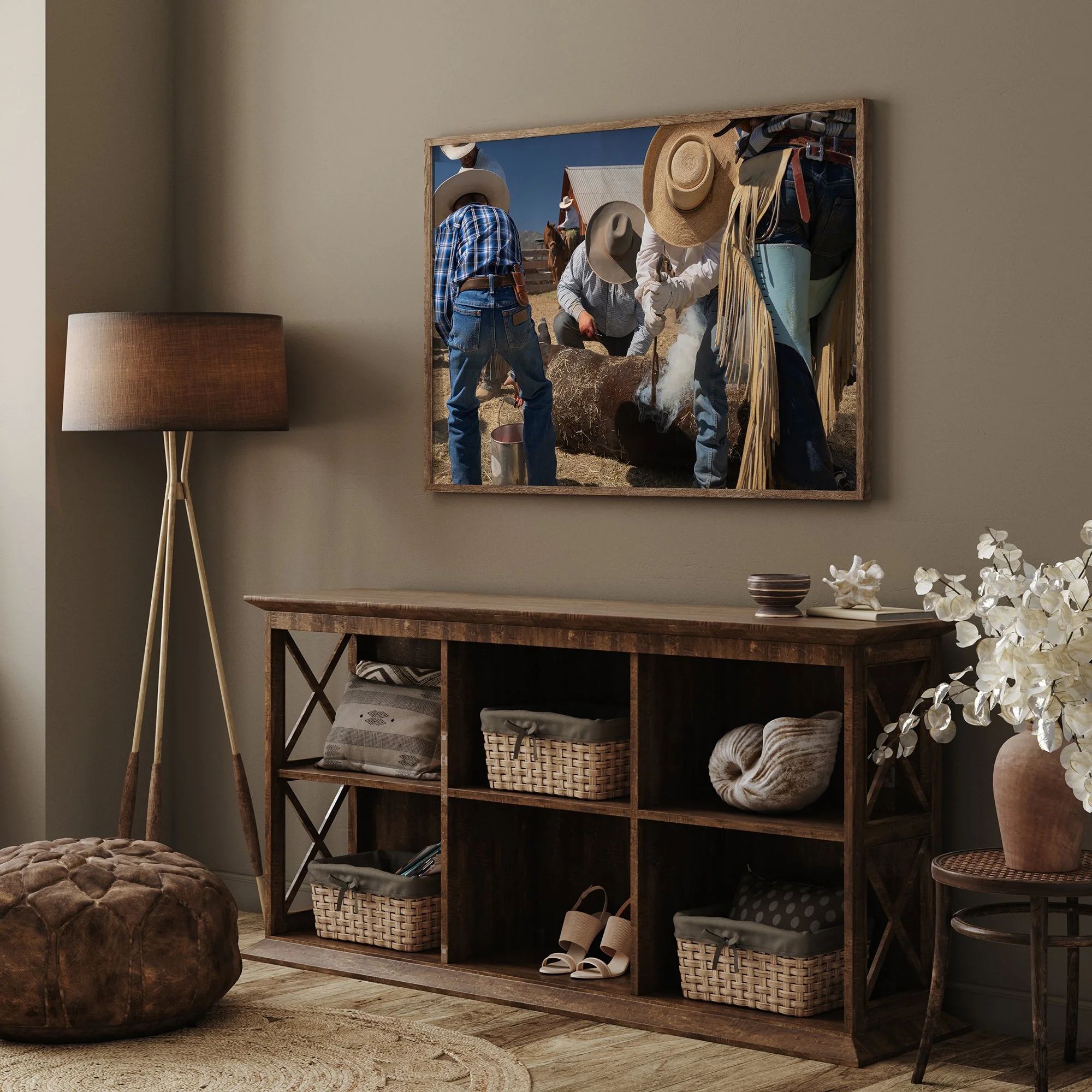 Photography print of cowboys branding cattle