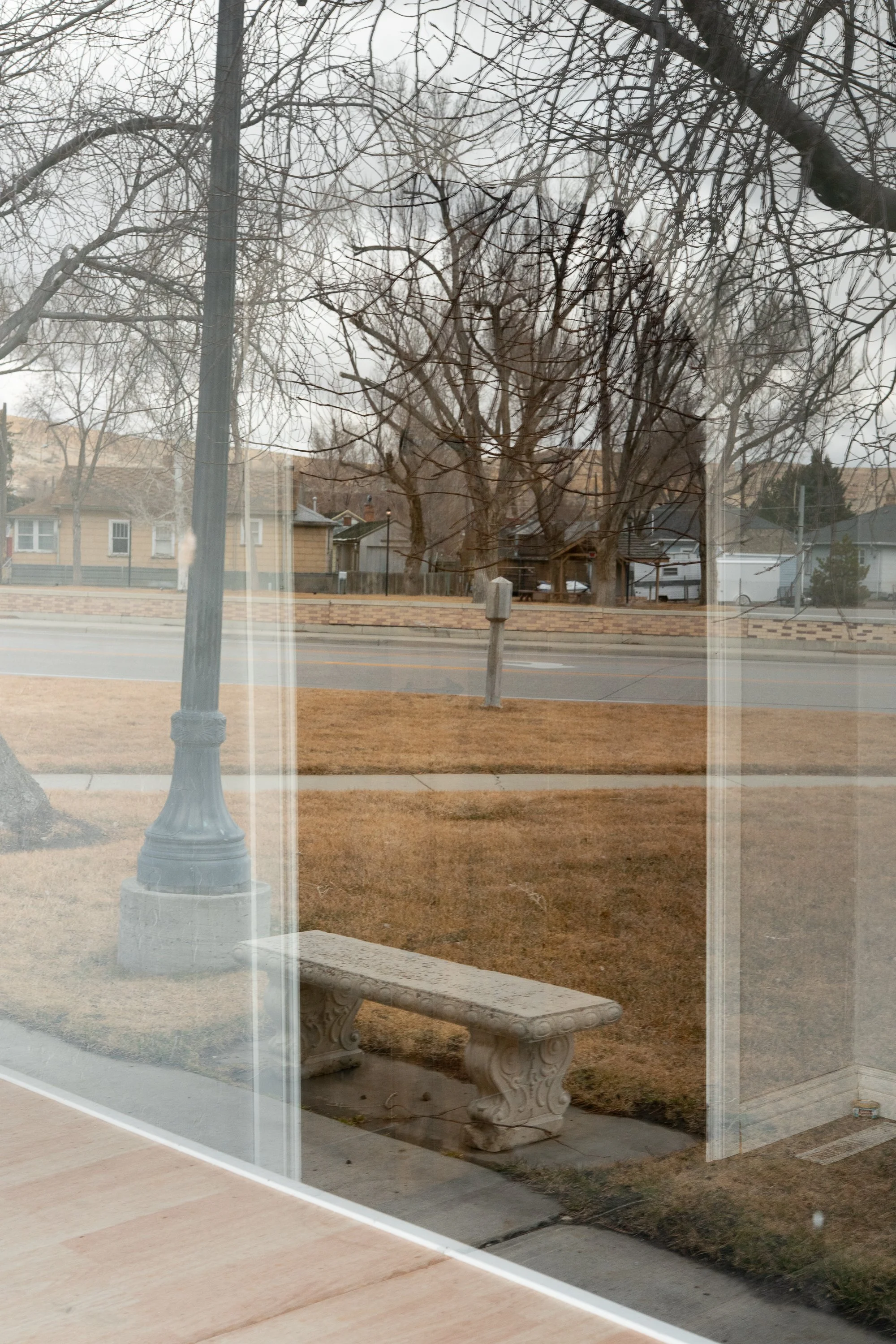 Reflection of trees and a bench in a storefront window in Rock Springs Wyoming