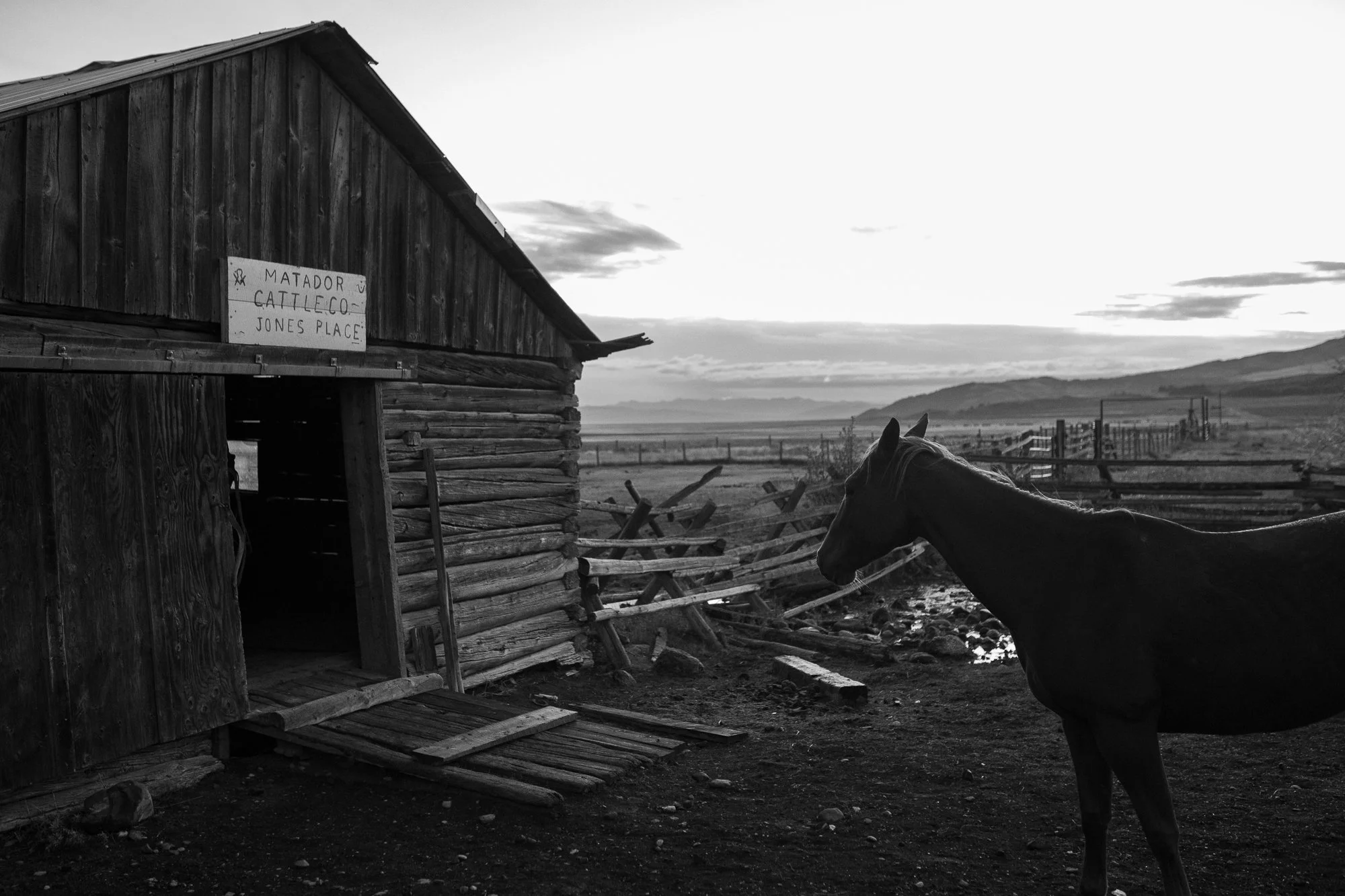 Black-and-white photograph of a horse standing beside a weathered log ranch barn with a hand-painted sign and wooden corral fencing in the surrounding landscape.