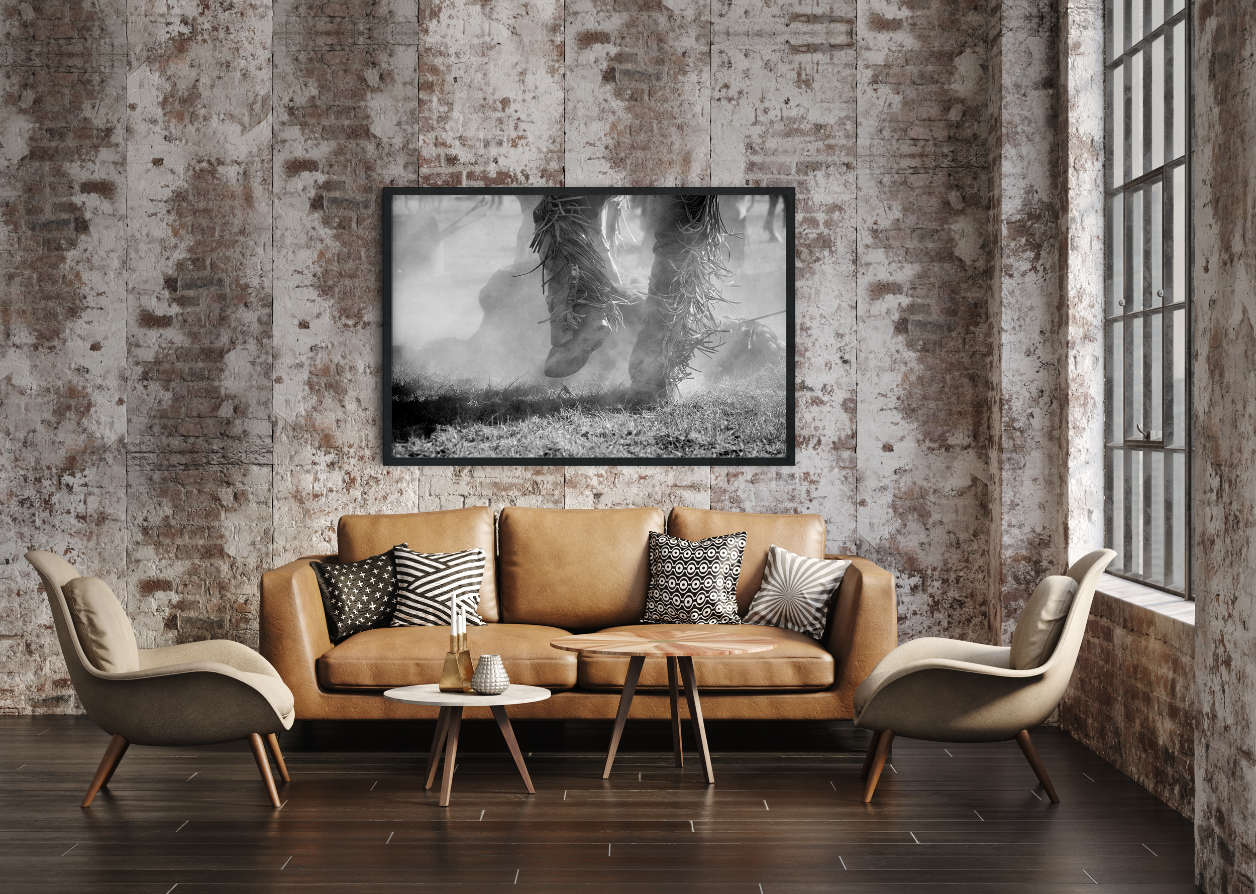 Black and white cowboy photograph displayed in a Western-style living room
