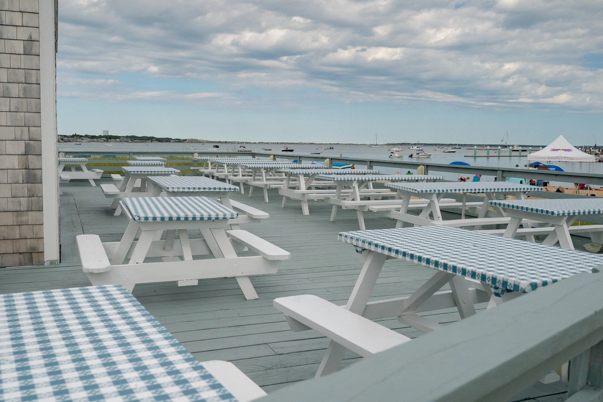 Picnic tables overlooking Provincetown harbor with boats in the distance and soft coastal light