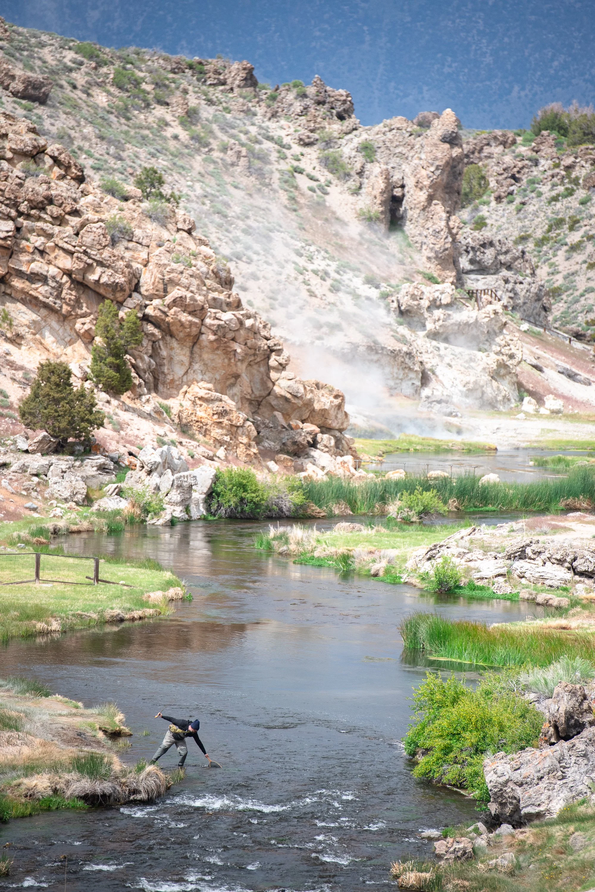 A fly fisherman netting a fish on Hot Creek near Mammoth, CA