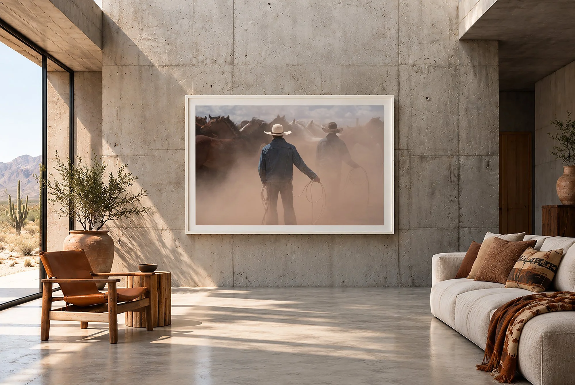 Fine art photography print of two cowboys in a dusty corral