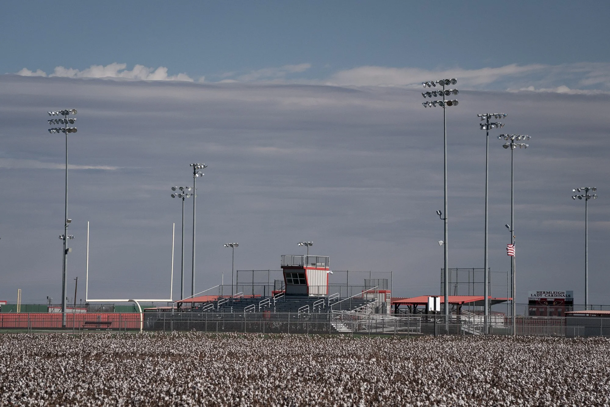 High school football stadium surrounded by farmland on the Llano Estacado in Texas
