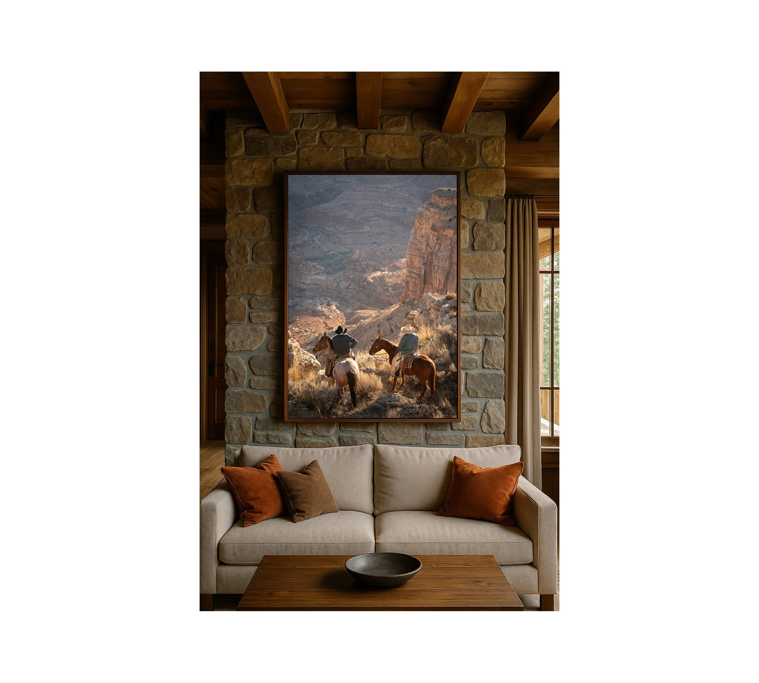 Western cowboy wall art displayed in a rustic interior, featuring a fine art photograph of working cowboys on horseback in the American West.  Why this works: