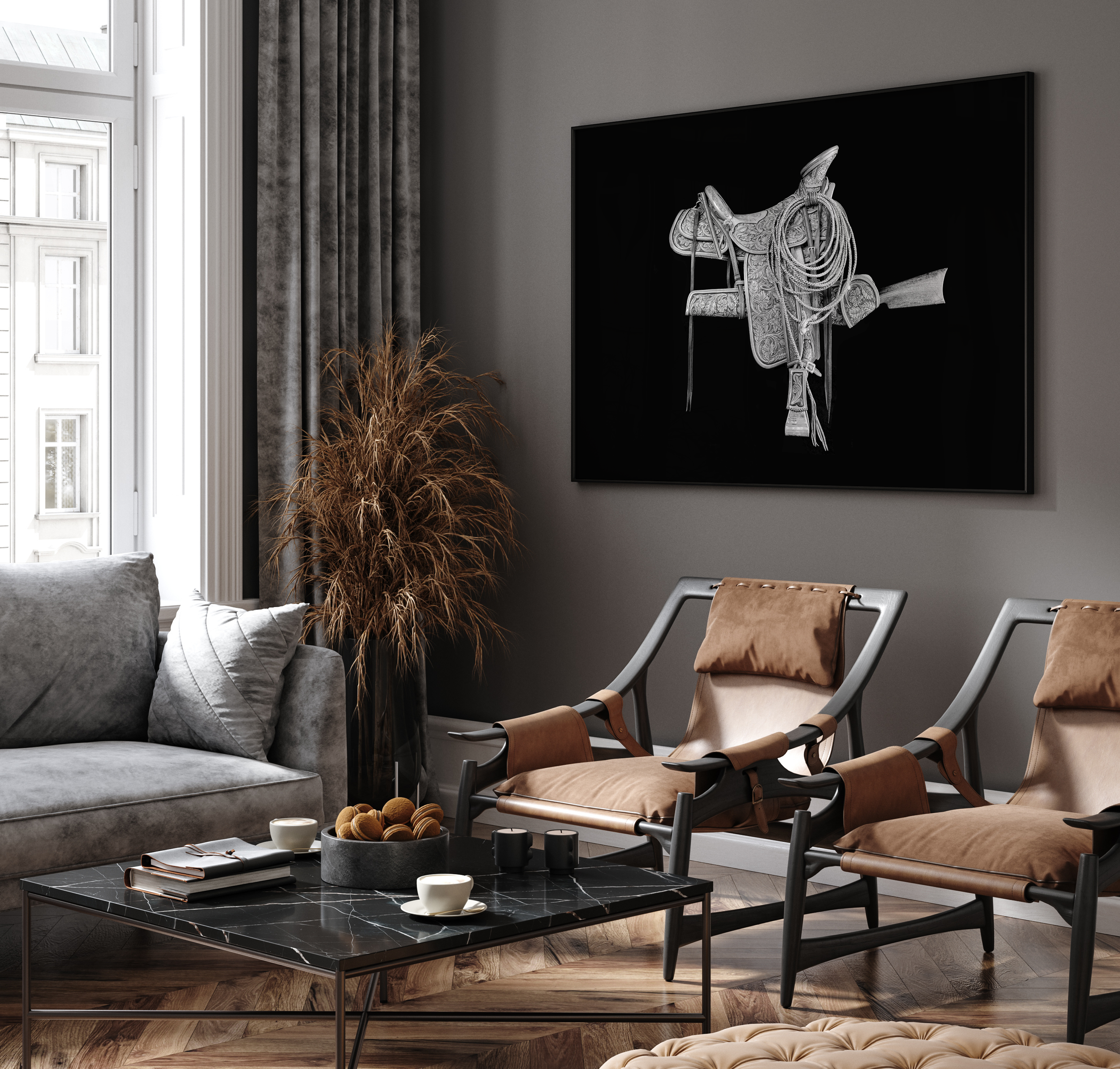 Studio photograph of a Western saddle displayed in a contemporary interior.