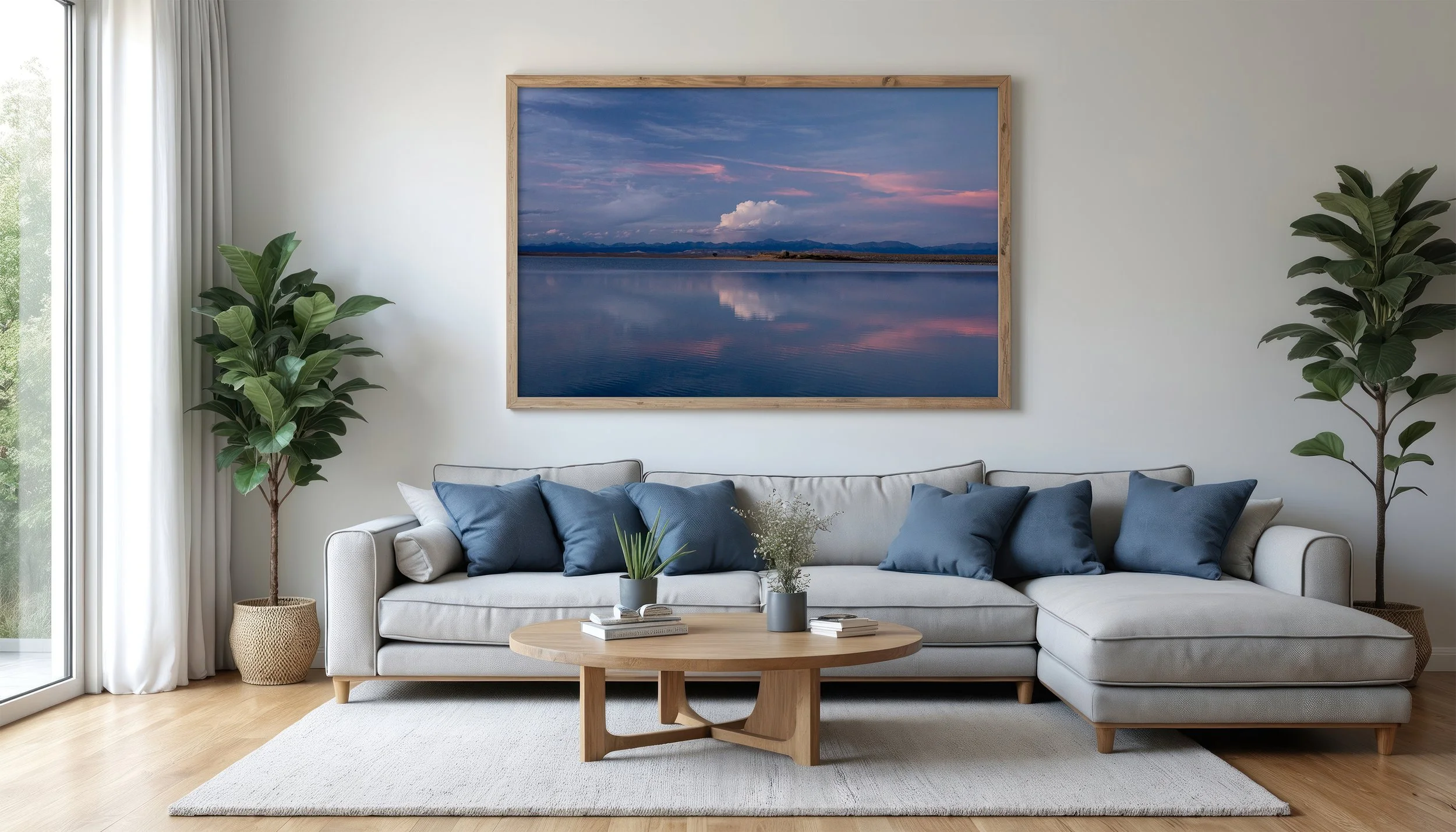 Modern lake reflection wall art with cool blue tones and calm water displayed in a living room