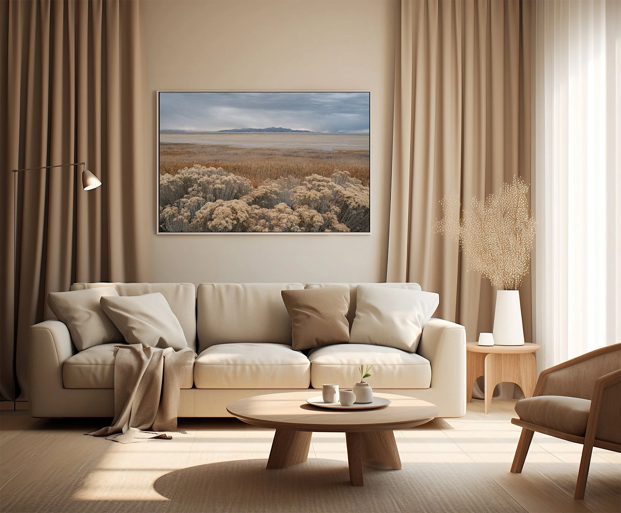 Minimalist desert landscape wall art with soft grasses and distant mountains, styled for neutral home decor
