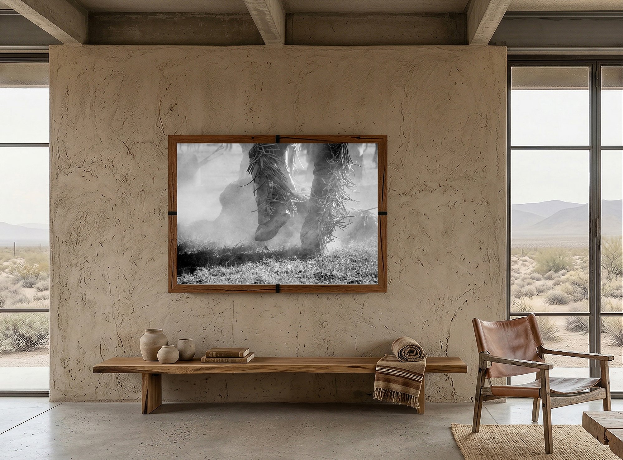 Black and white cowboy photography print of fringe chaps and boots in dust displayed in a framed wood print on a plastered desert interior wall