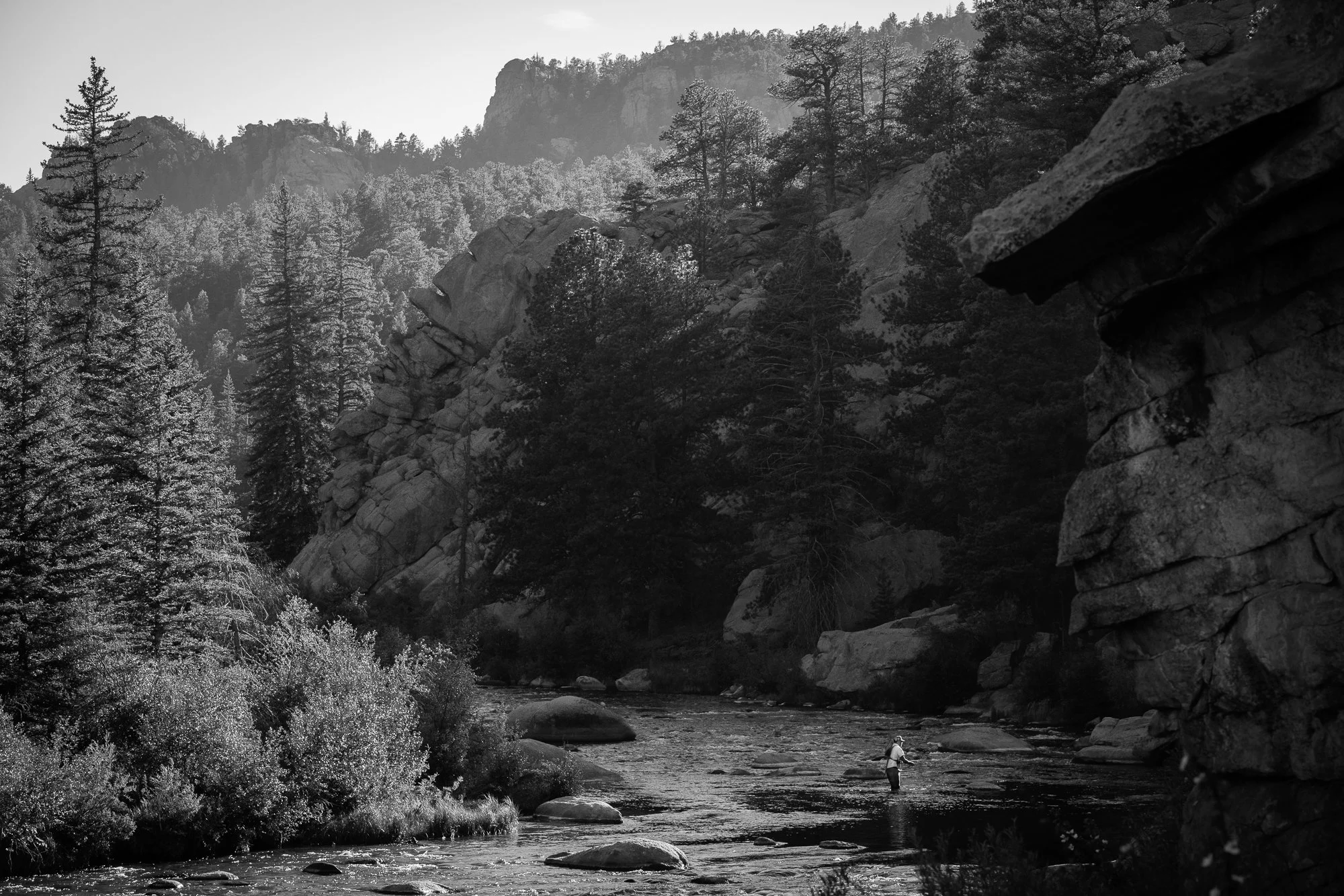 A fly angler fishes the South Platte River beneath towering granite cliffs in 11 Mile Canyon, Colorado.