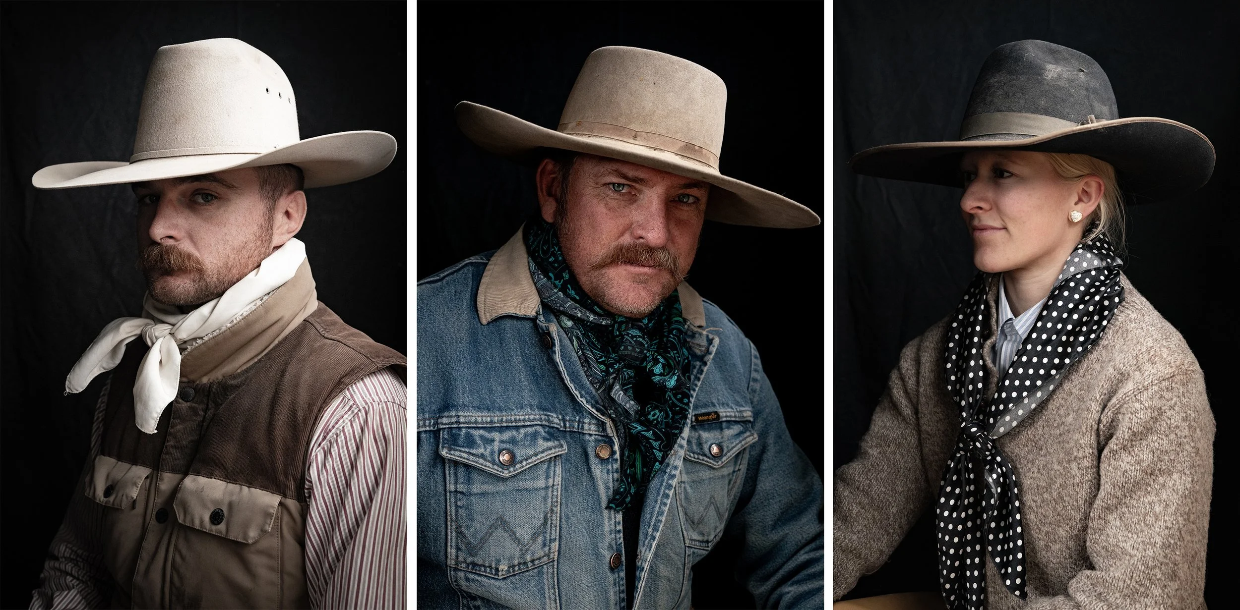 Group of cowboy portraits showing western clothing and character at TS Ranch