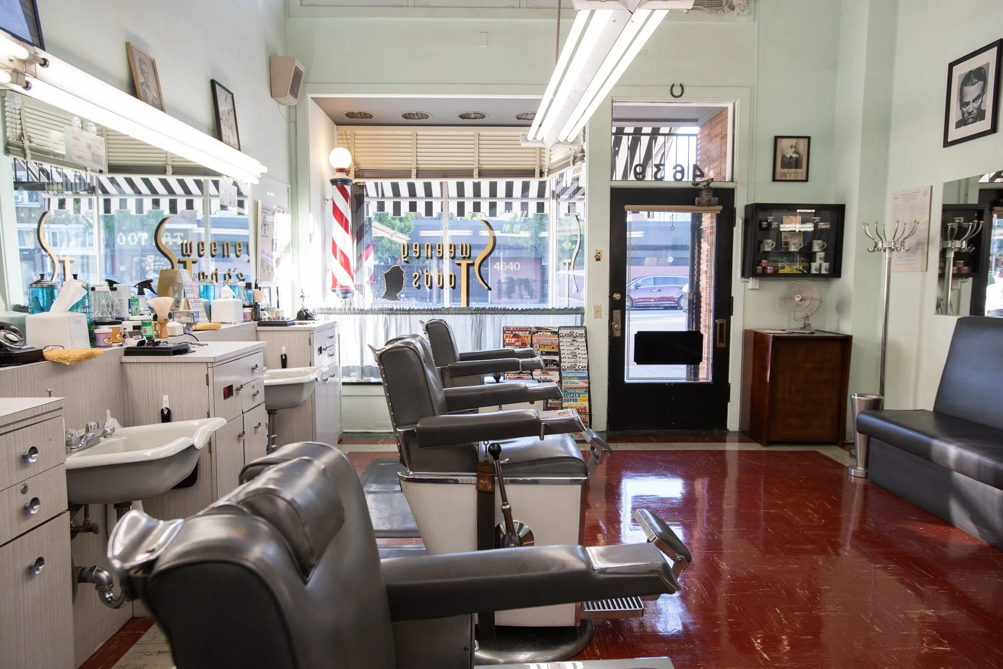 Photograph of a Sweeney Todd's Barbershop early in the morning before any customers fill the chairs