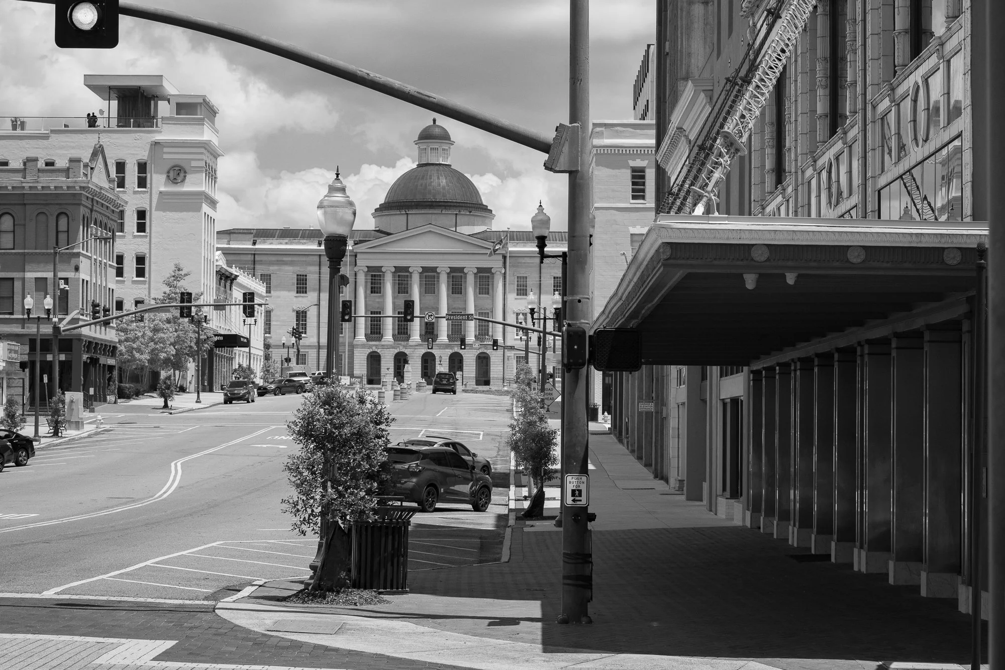 Historic black and white photograph of downtown Jackson, Mississippi