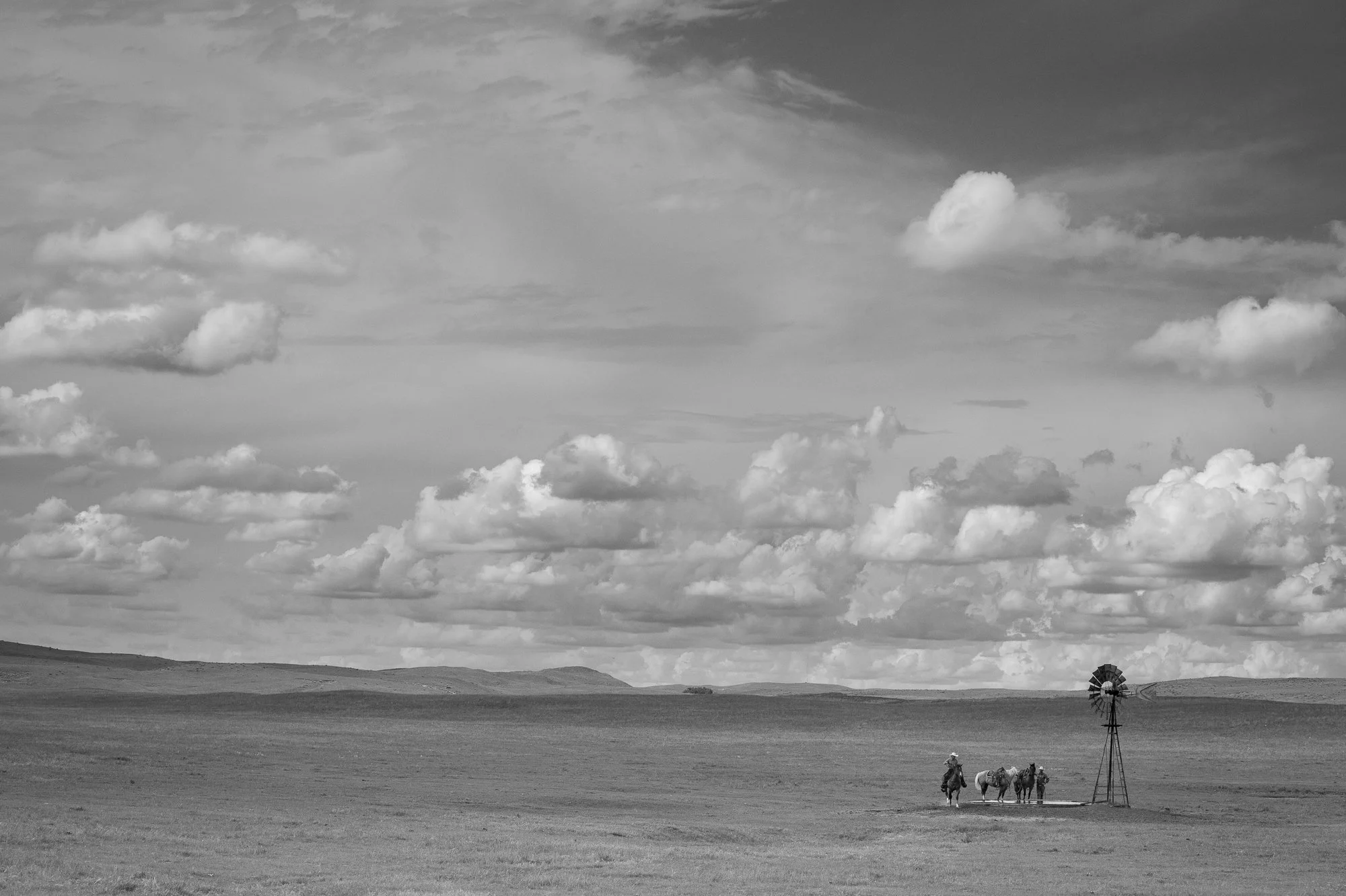 Cowboys on horseback gathering near a windmill on the open prairie of the Nebraska Sandhills at Haythorn Ranch.