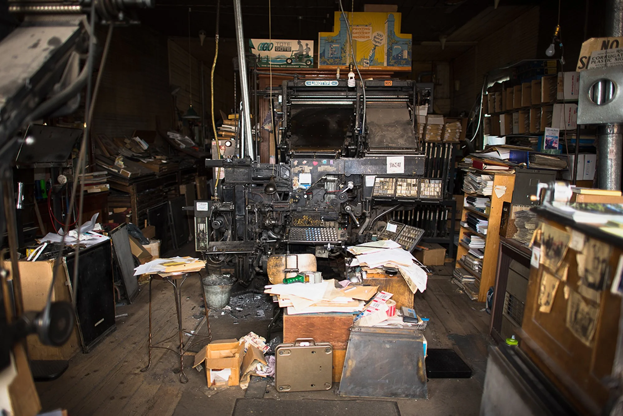 Linotype machine and printing equipment inside the Saguache Crescent