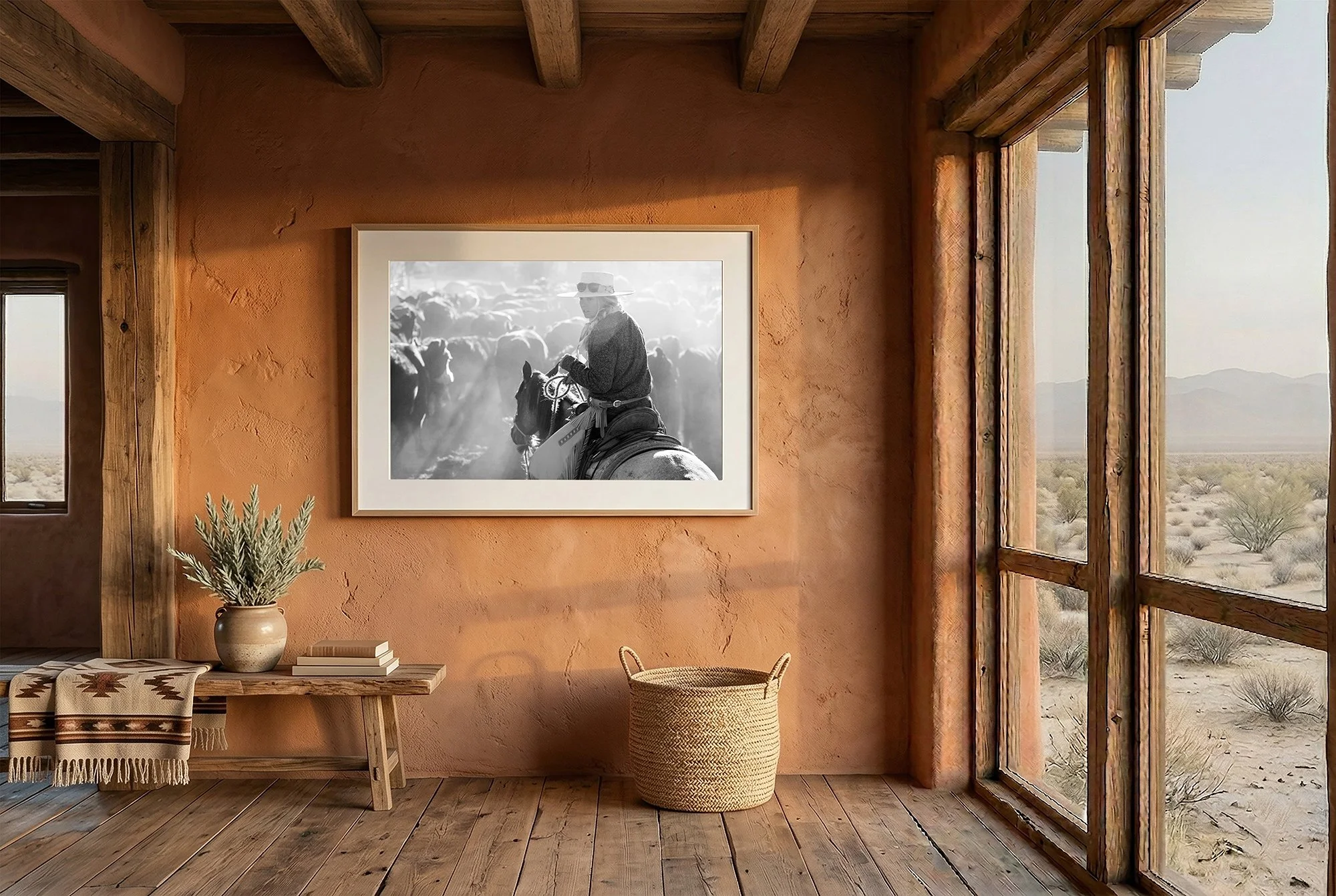 A black and white cowboy photography print displayed in a warm rustic interior, ideal for western wall art and neutral home decor