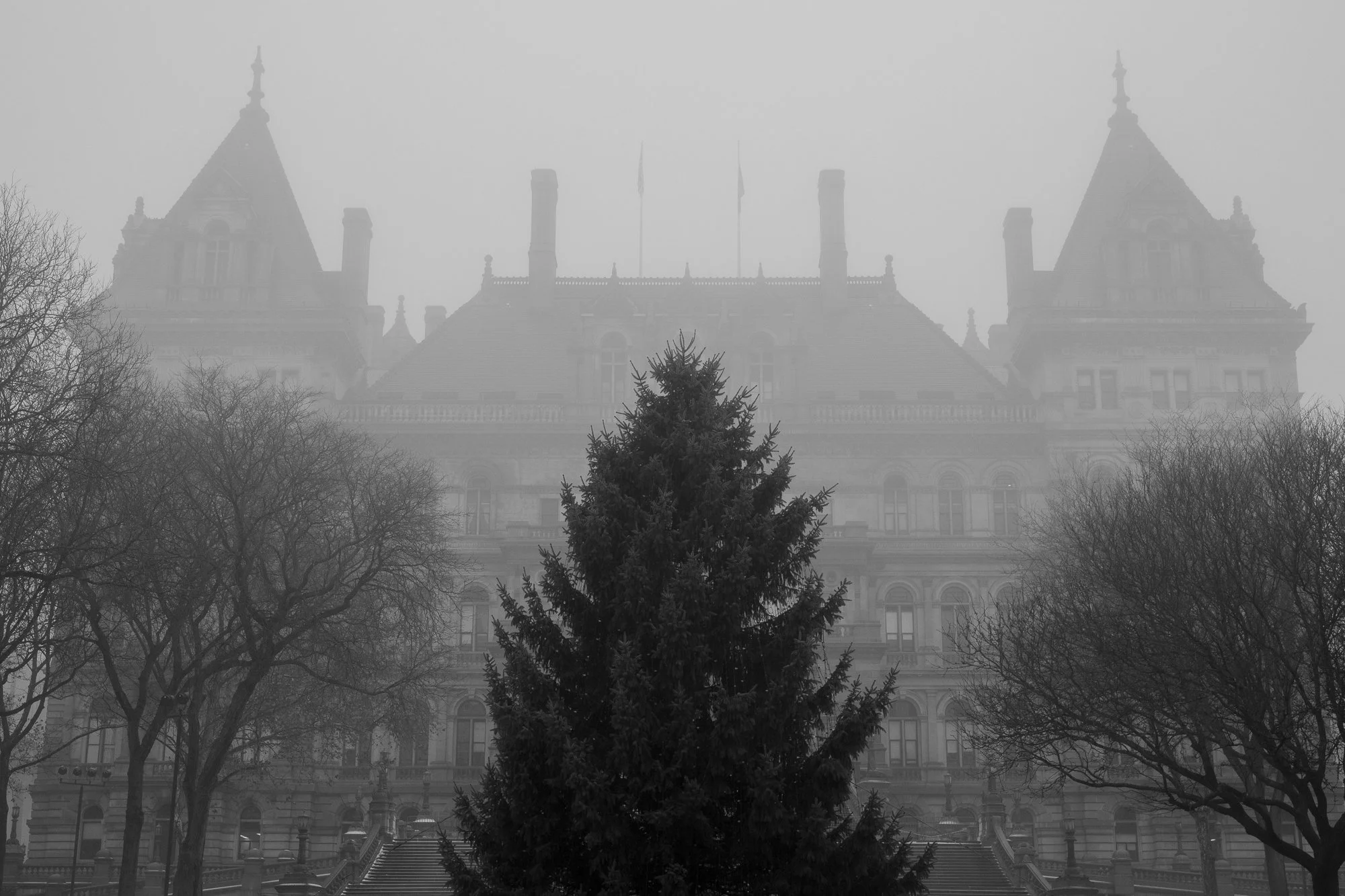 Black and white photograph of the New York State Capitol with symmetrical towers and a central evergreen
