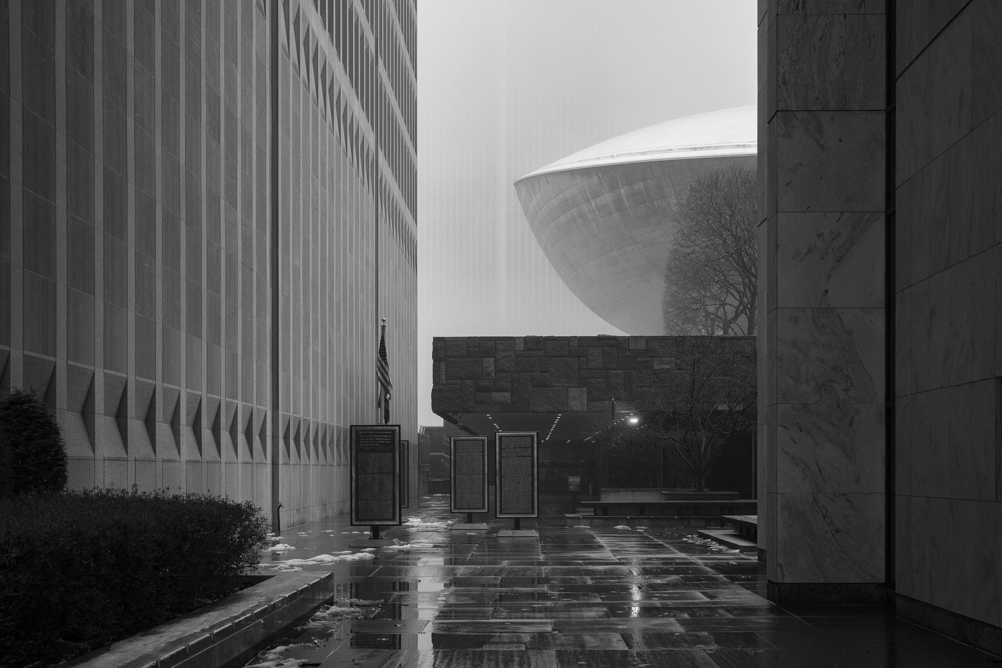 Black and white architectural photograph of Empire State Plaza buildings in Albany, New York