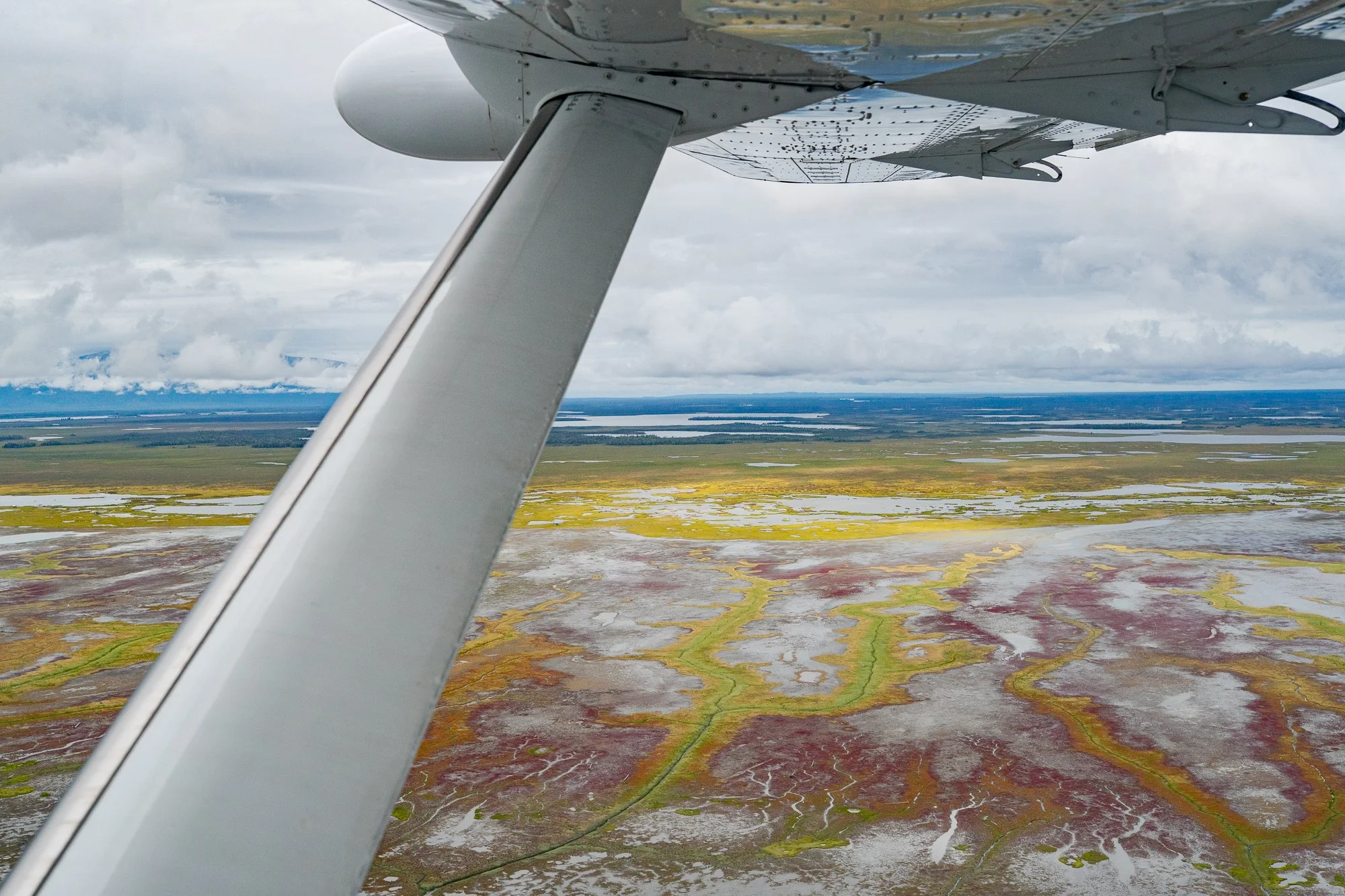 Float plane flying over Alaskan tundra and braided rivers
