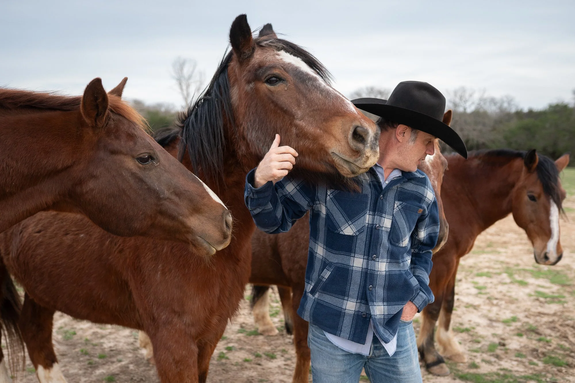 Teal Blake standing among horses on a Texas ranch wearing a cowboy hat