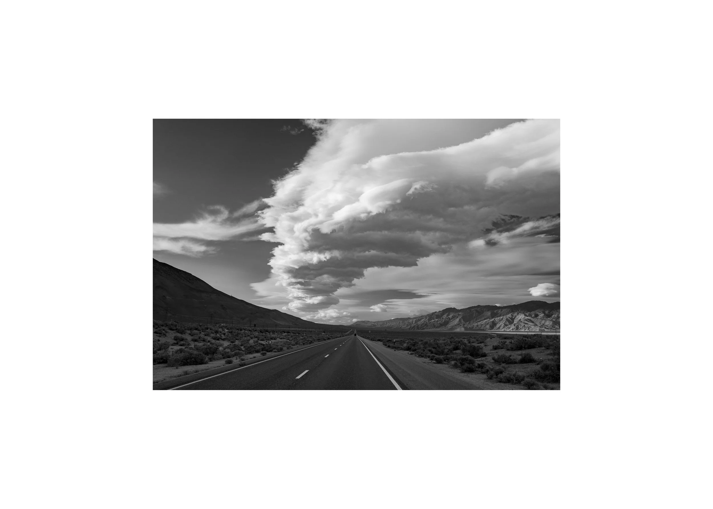 Black and white photography print of Highway 395 in California going through the Sierra Nevada Mountains