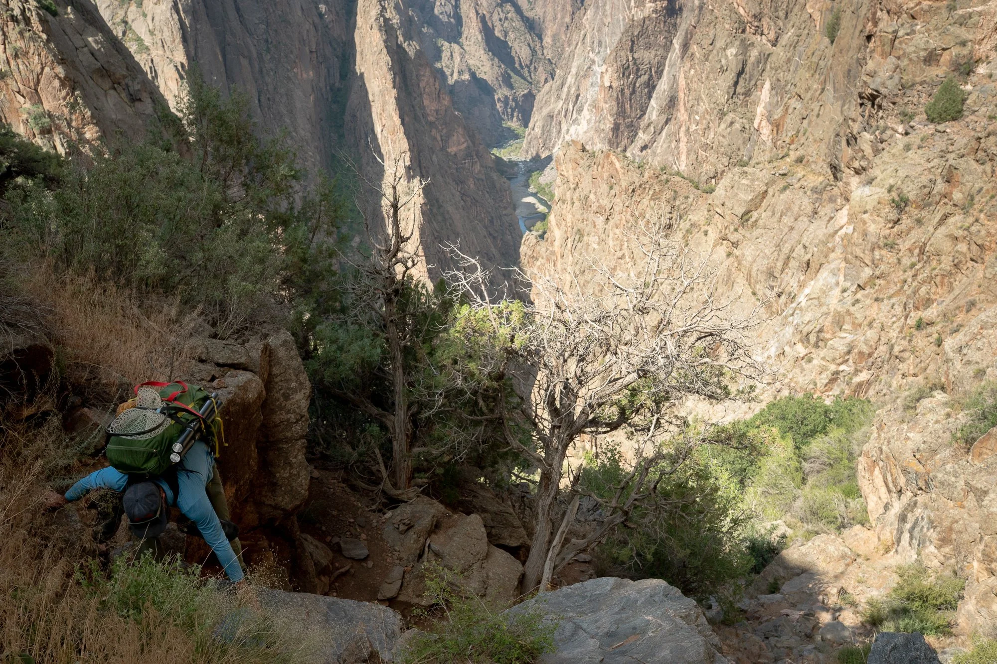 An angler carefully descends steep backcountry terrain above the Gunnison River